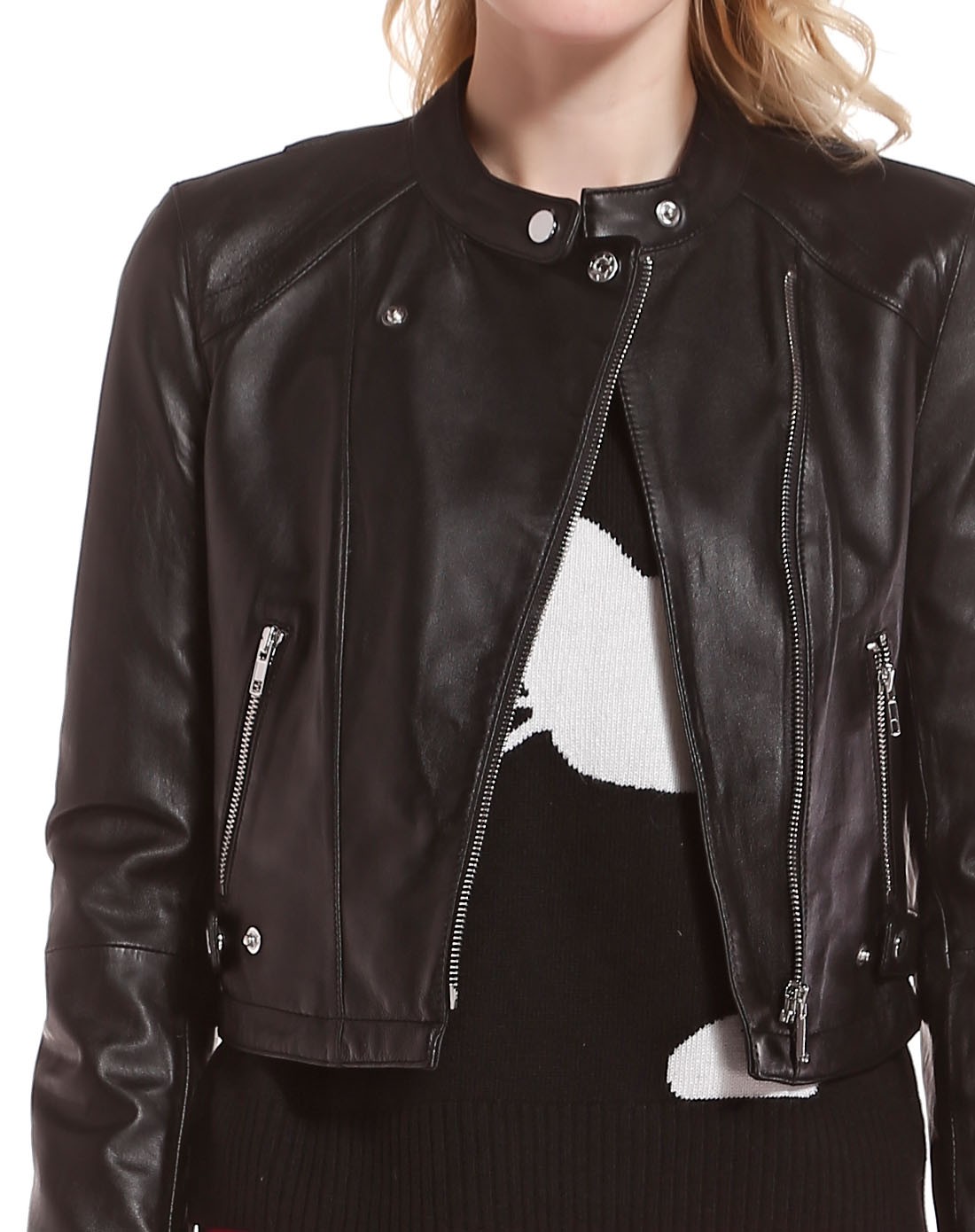 黑色机车风气质长袖皮衣