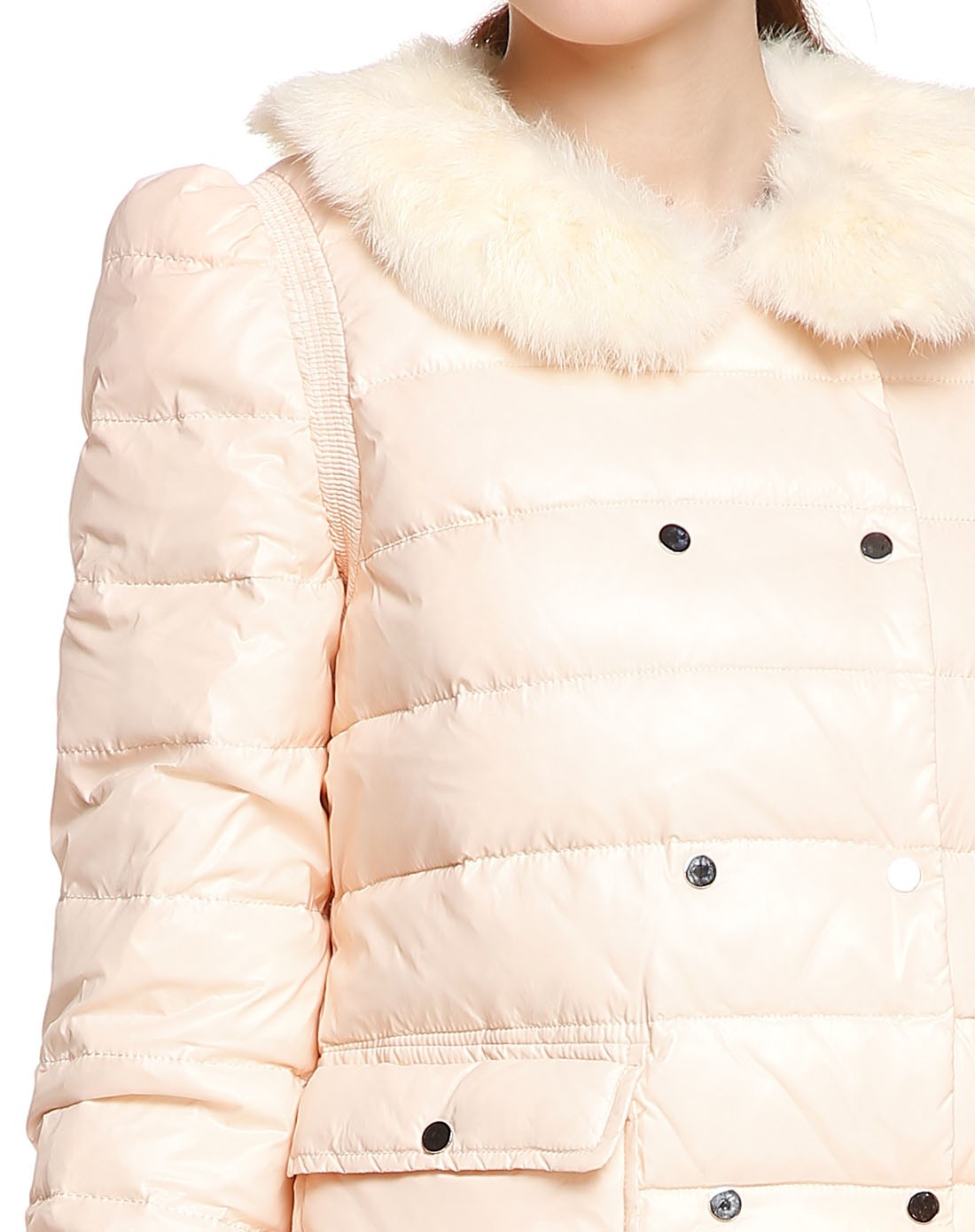 浅藕粉色甜美淑女长袖长款羽绒服