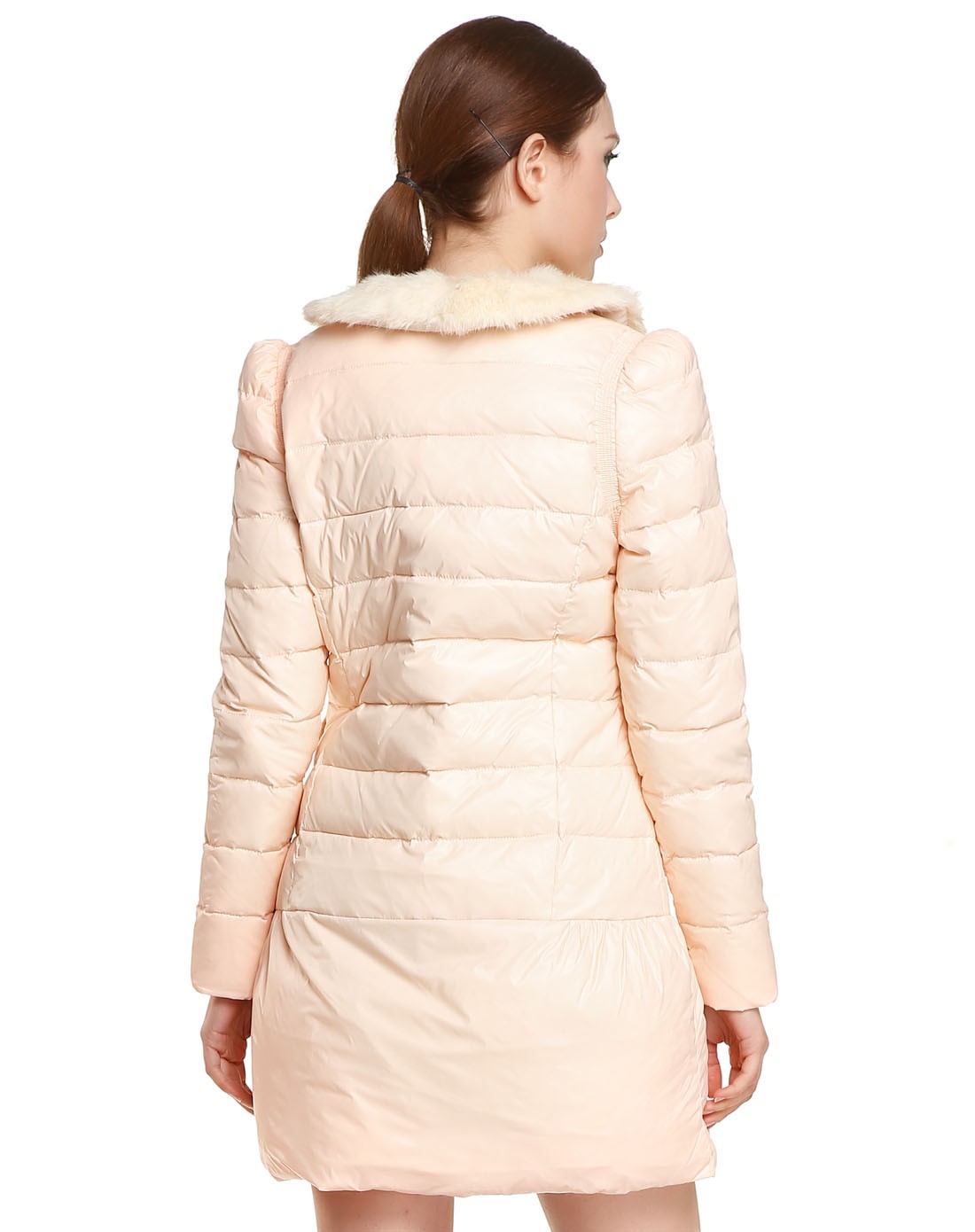 浅藕粉色甜美淑女长袖长款羽绒服