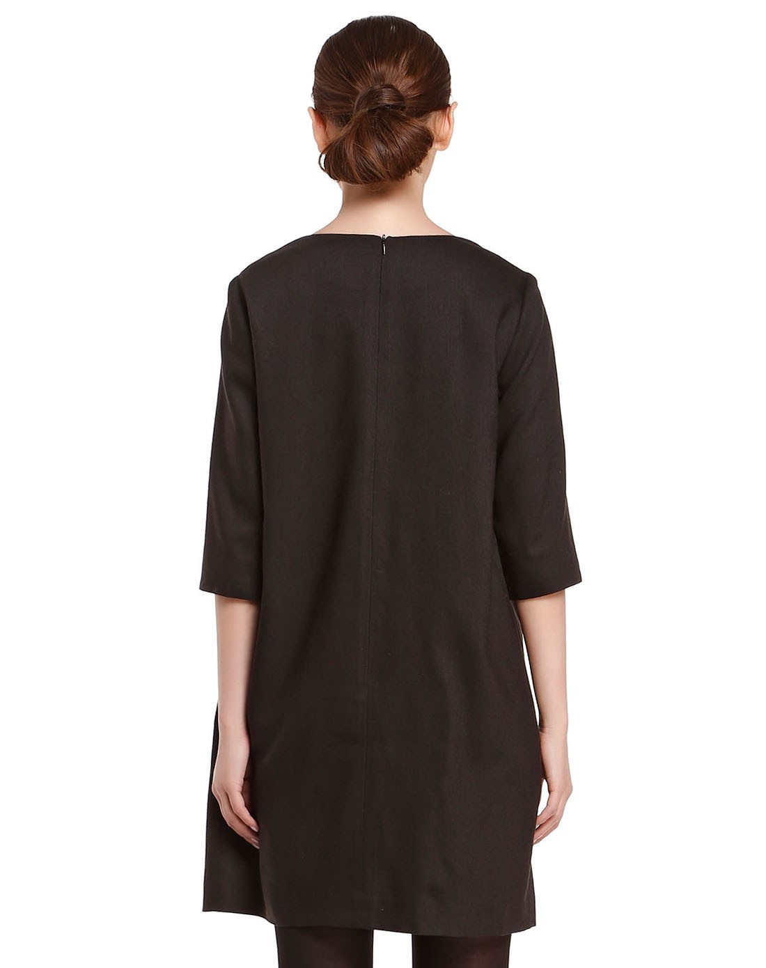 黑咖啡色淑女ol风格七分袖连衣裙