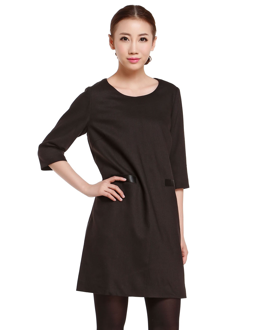 黑咖啡色淑女ol风格七分袖连衣裙