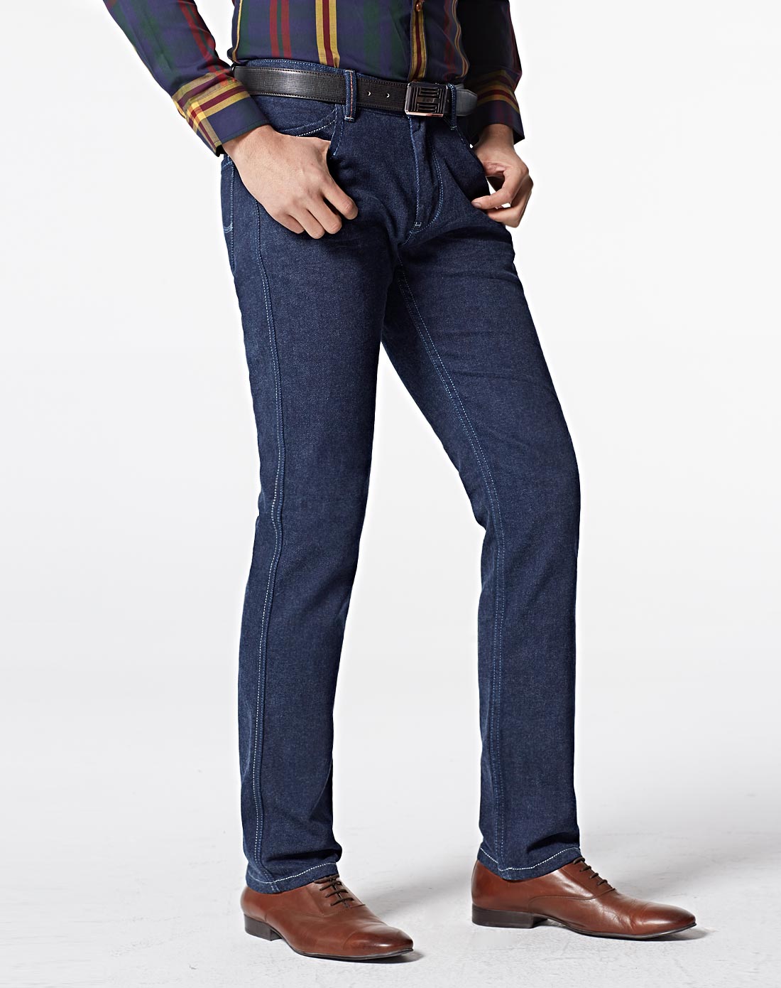 藏青色男士纯棉微弹直筒牛仔裤