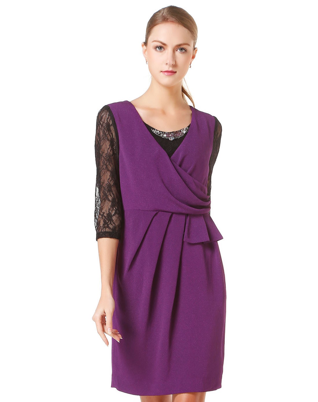 深紫色修身贵气七分袖连衣裙