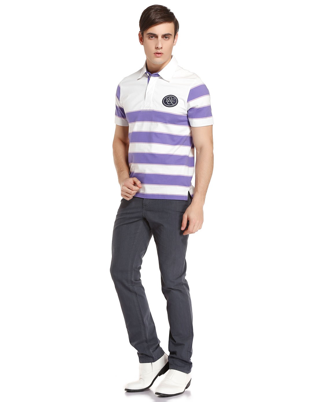肯迪文kent&curwen白/紫色休闲百搭条纹短袖针织polo衫k25m0k053125