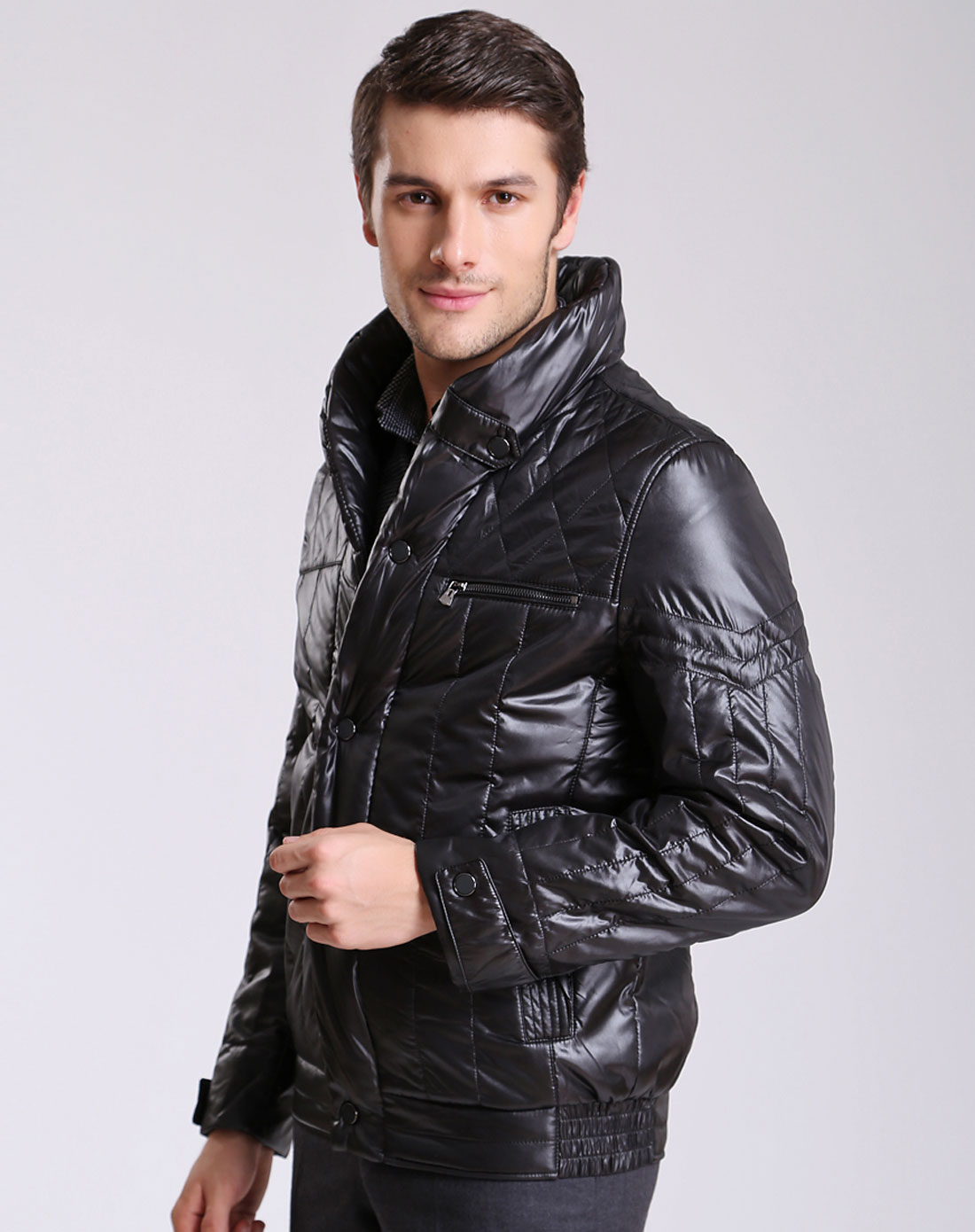 baniss男装专场 > 晶黑色时尚青果立领舒适帅气酷派棉茄克