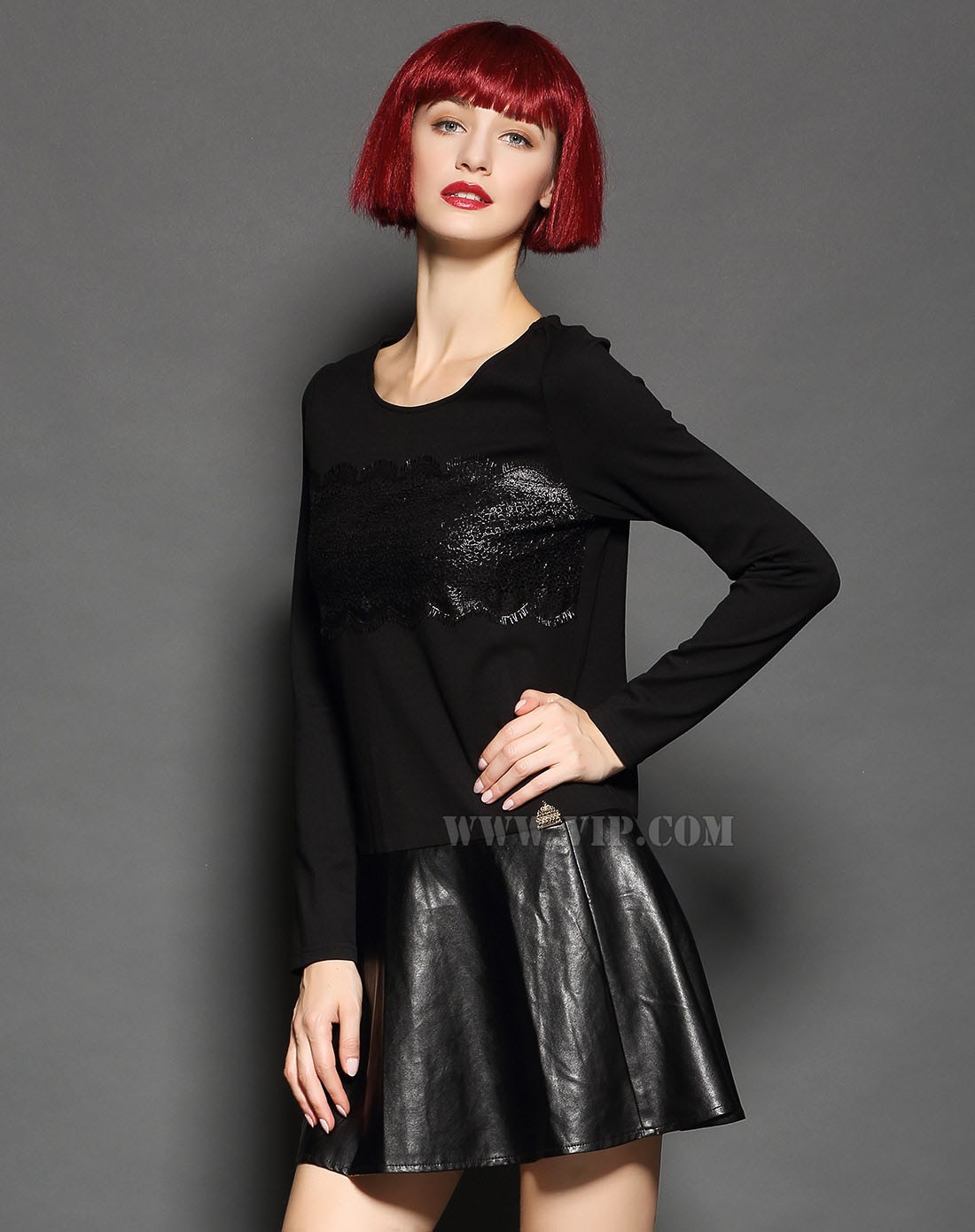 > 女士时尚pu拼接连衣裙黑色