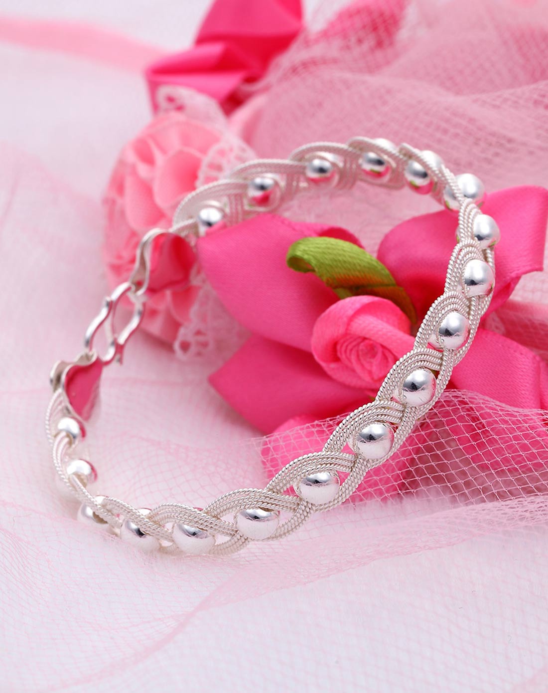 手工花丝990足银双编银丝串珠手链