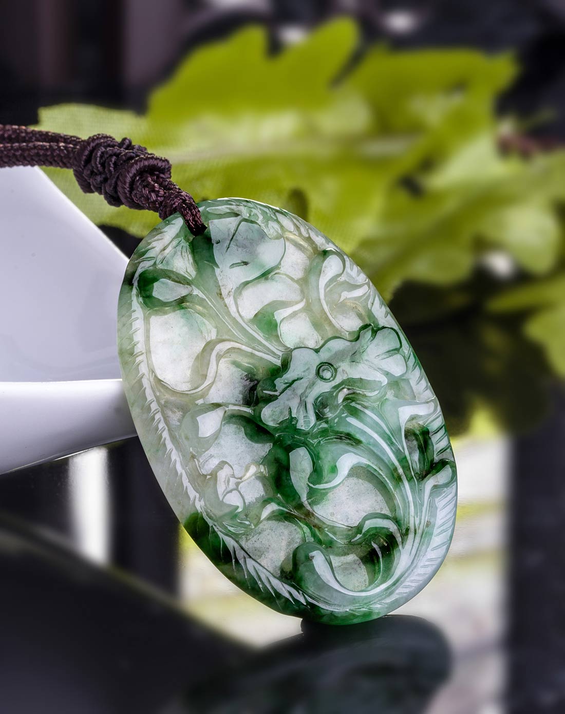 精雕冰种飘绿如意发财花 天然a货翡翠挂件(附国检证书)