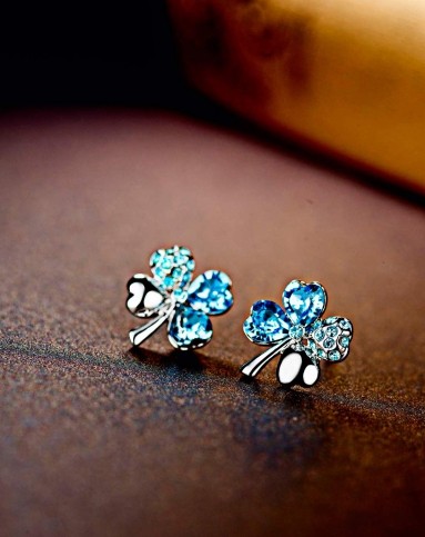 施华洛世奇元素水晶耳环甜美四叶海蓝