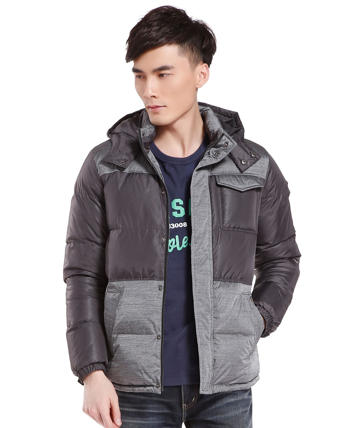 texwood 男款深灰黑色帅气休闲长袖羽绒服