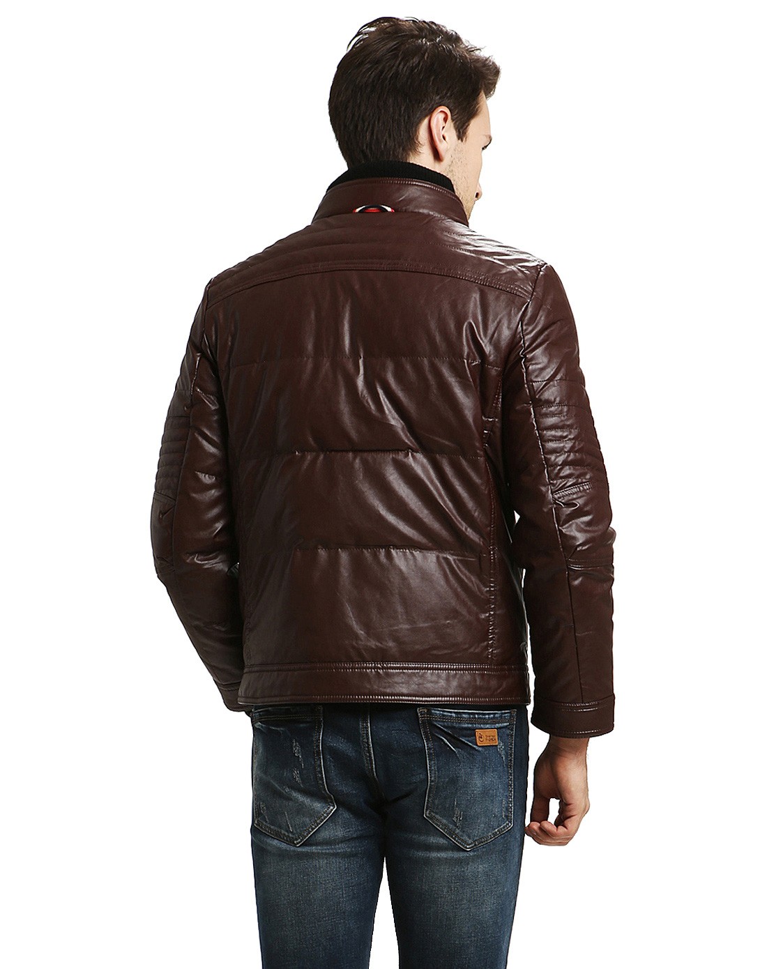 雅鹿深绯色仿皮机车短款羽绒服