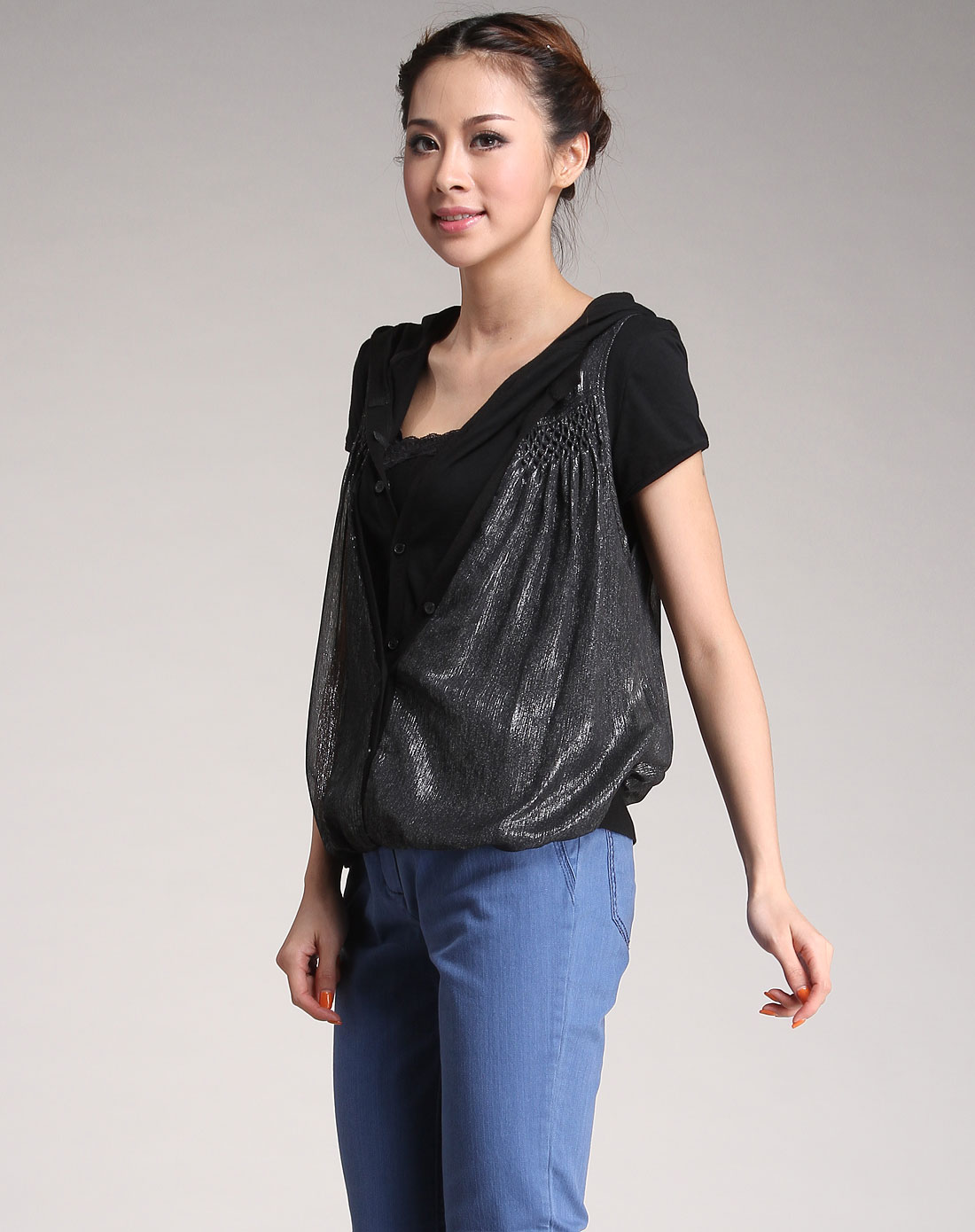 艾维ivy/kki女装专场-黑色假两件带帽短袖上衣