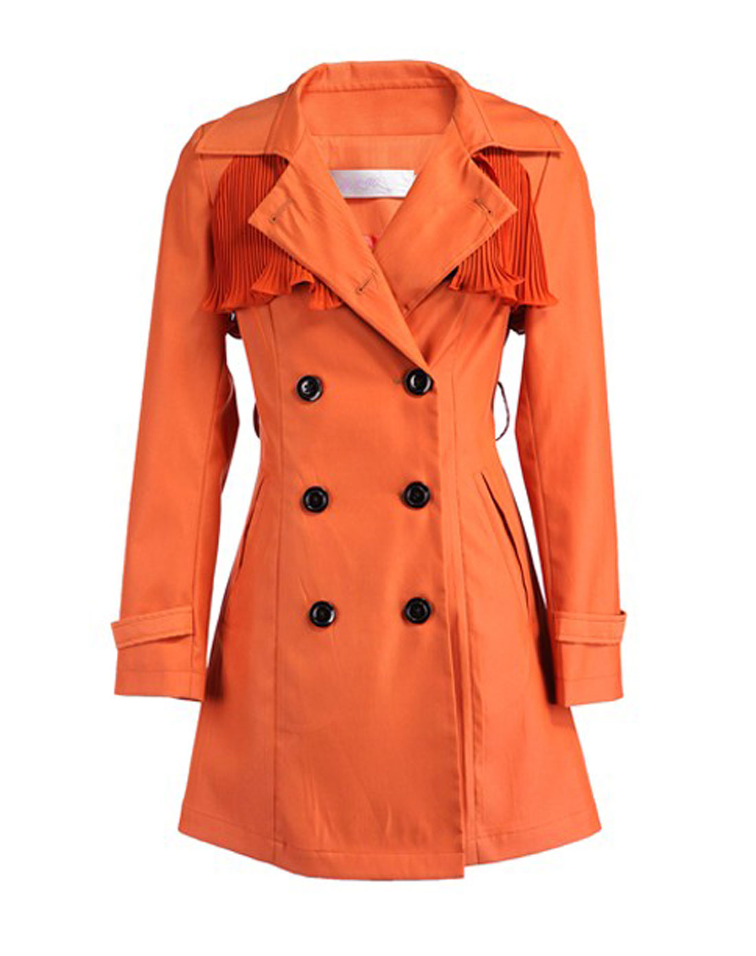 桔红色翻领双排扣长袖长款风衣