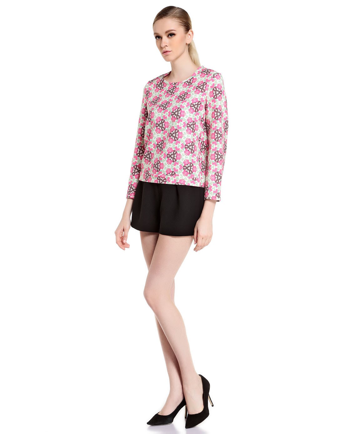 double love 玫红/多色清新印花长袖上衣