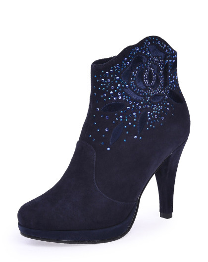 优雅深紫罗兰色羊皮绒面革水钻圆头短靴