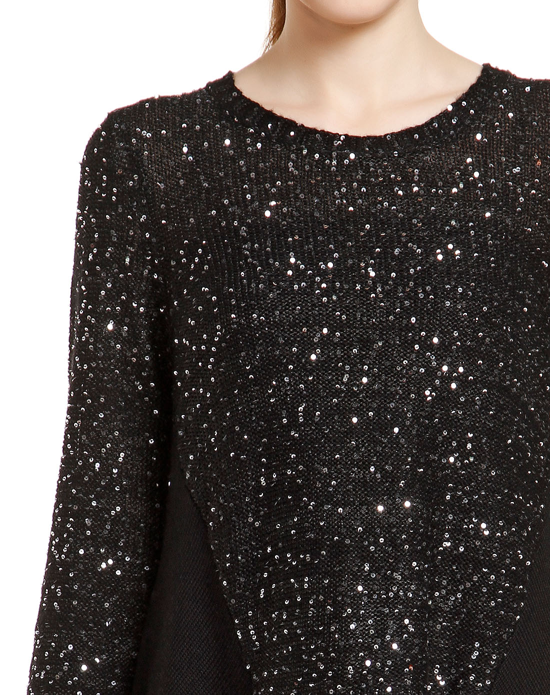 凯瑞拉crcara黑色钉亮片前短后长长袖针织衫