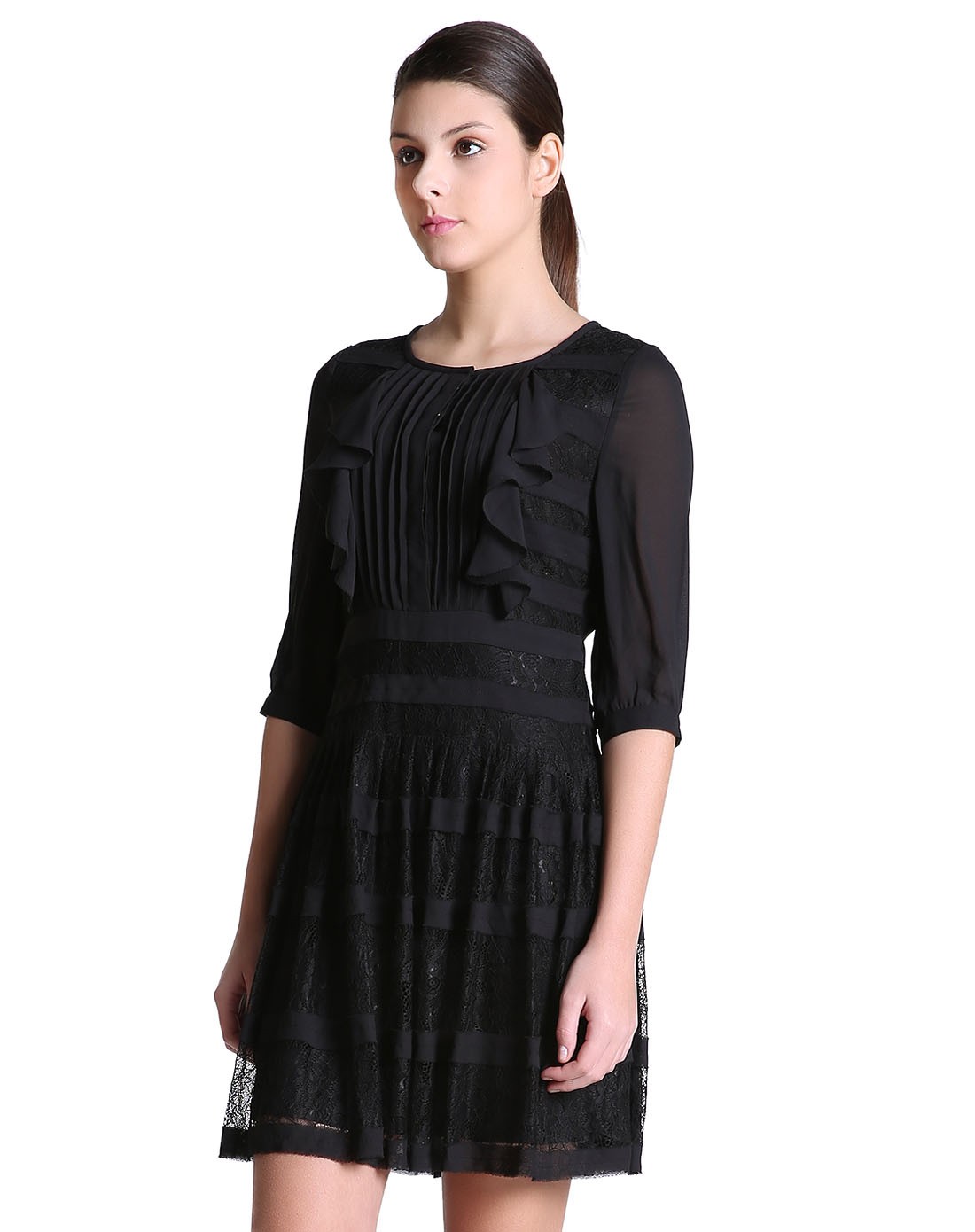 黑色蕾丝雪纺连衣裙