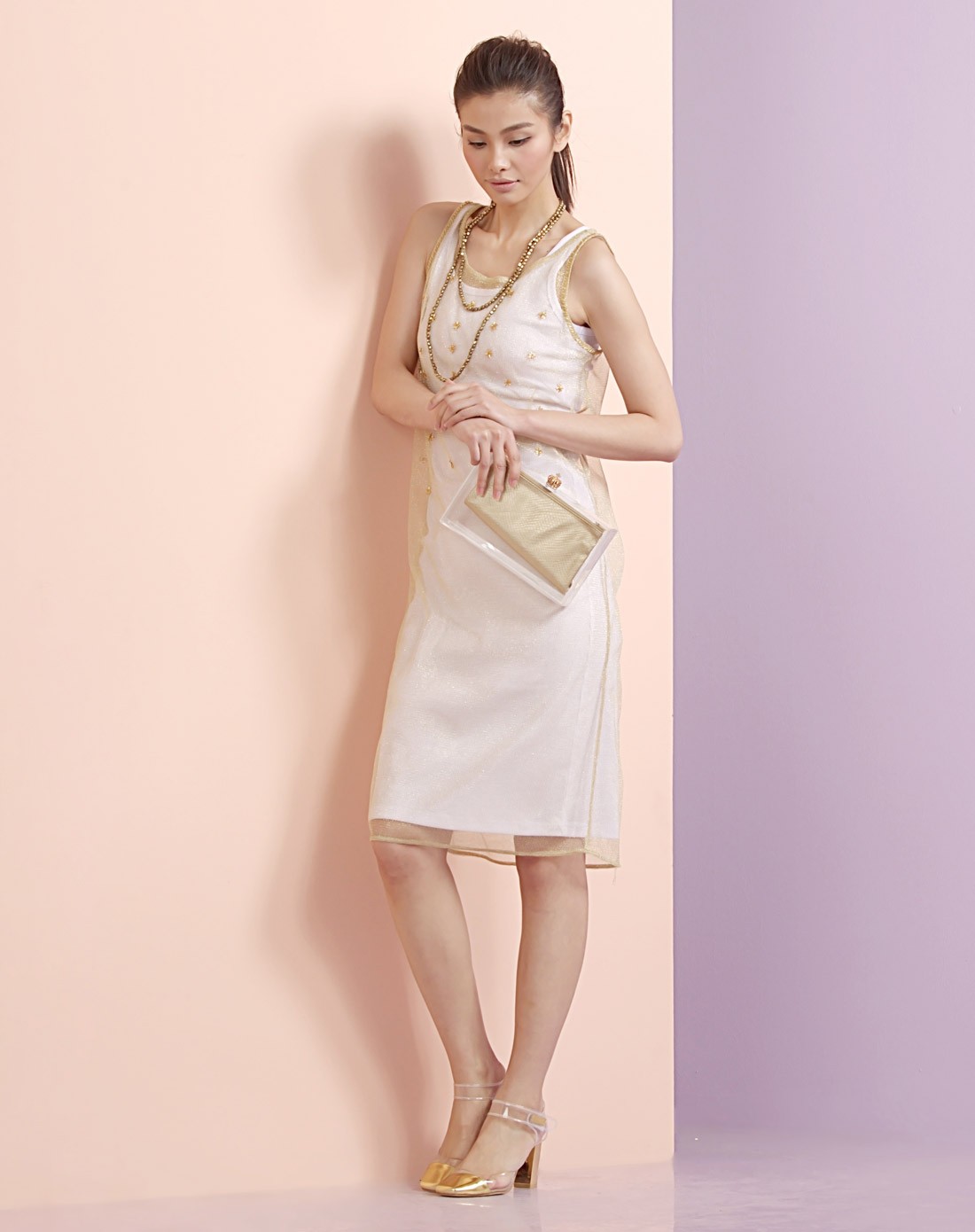 白/金色淑女修身两件套无袖连衣裙