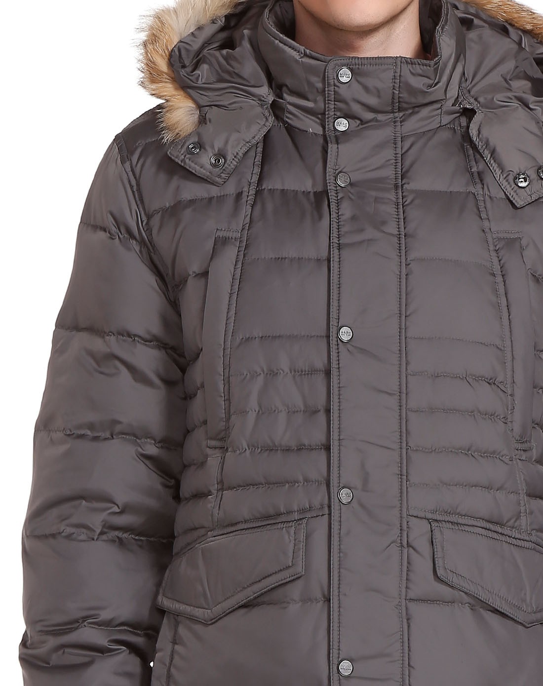 男款青灰色连帽简约时尚长袖羽绒服