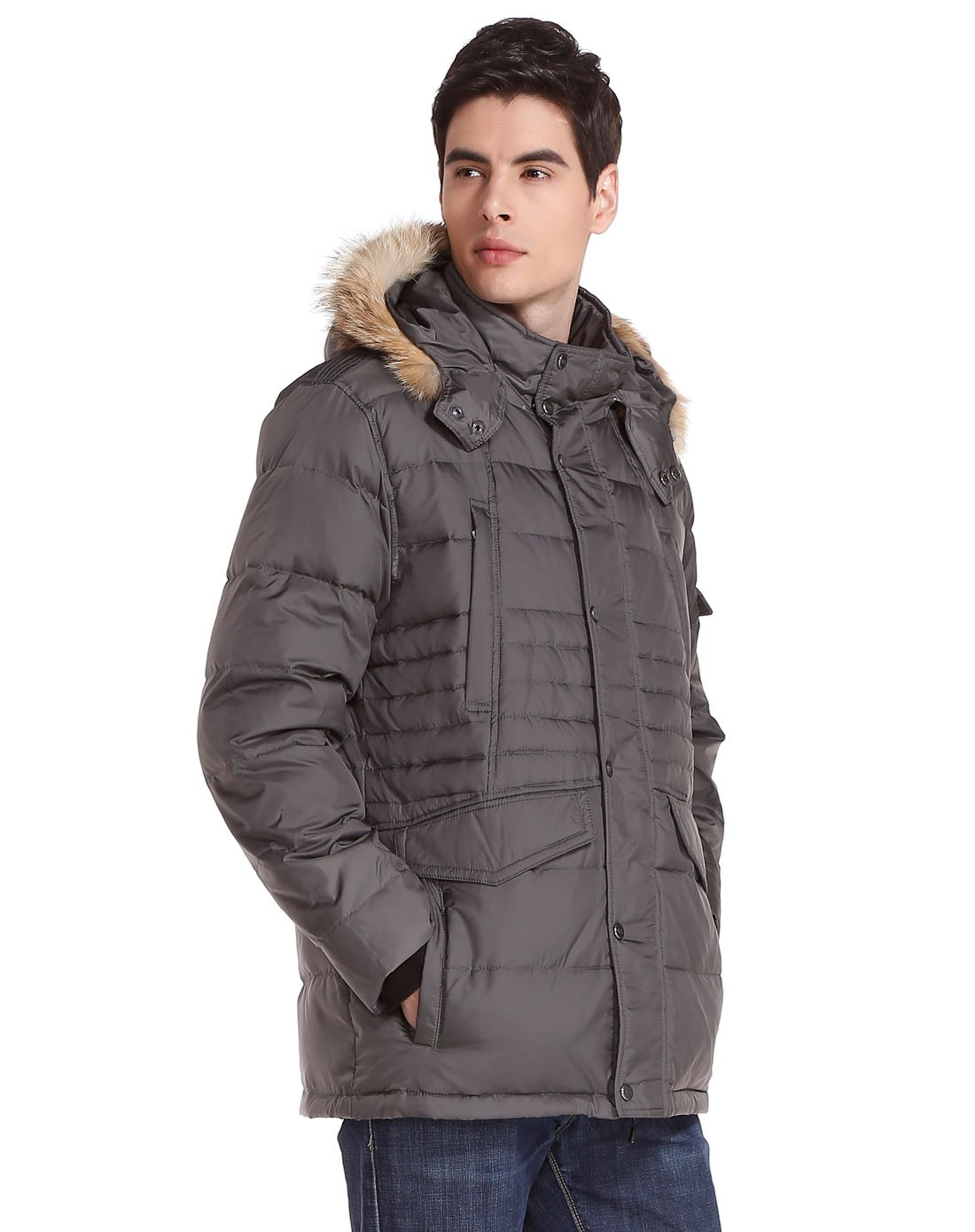 男款青灰色连帽简约时尚长袖羽绒服