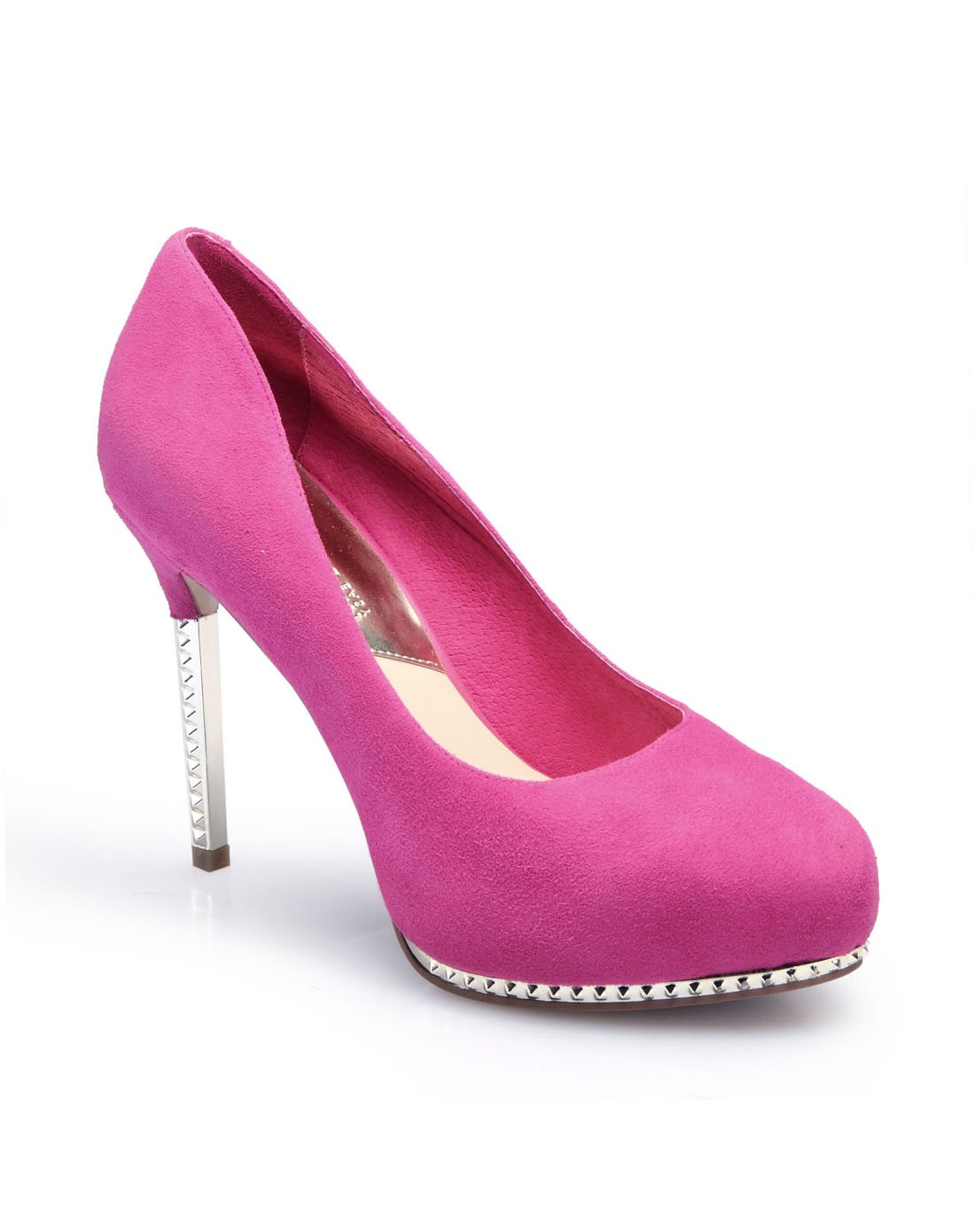 真适意cne桃红色马卡龙色高跟鞋铆钉防水台羊皮绒面单