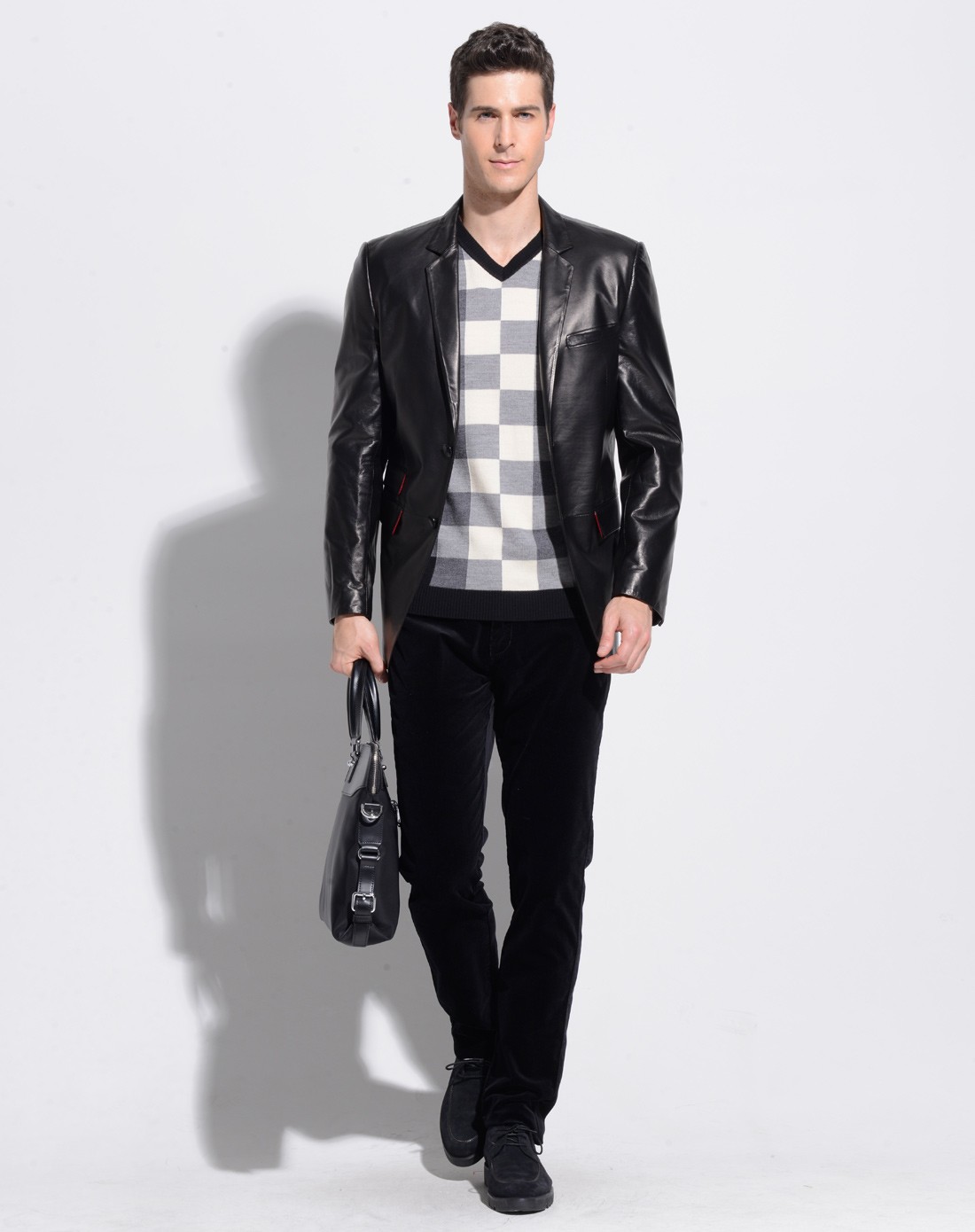 黑色绵羊皮单排扣商务休闲皮衣