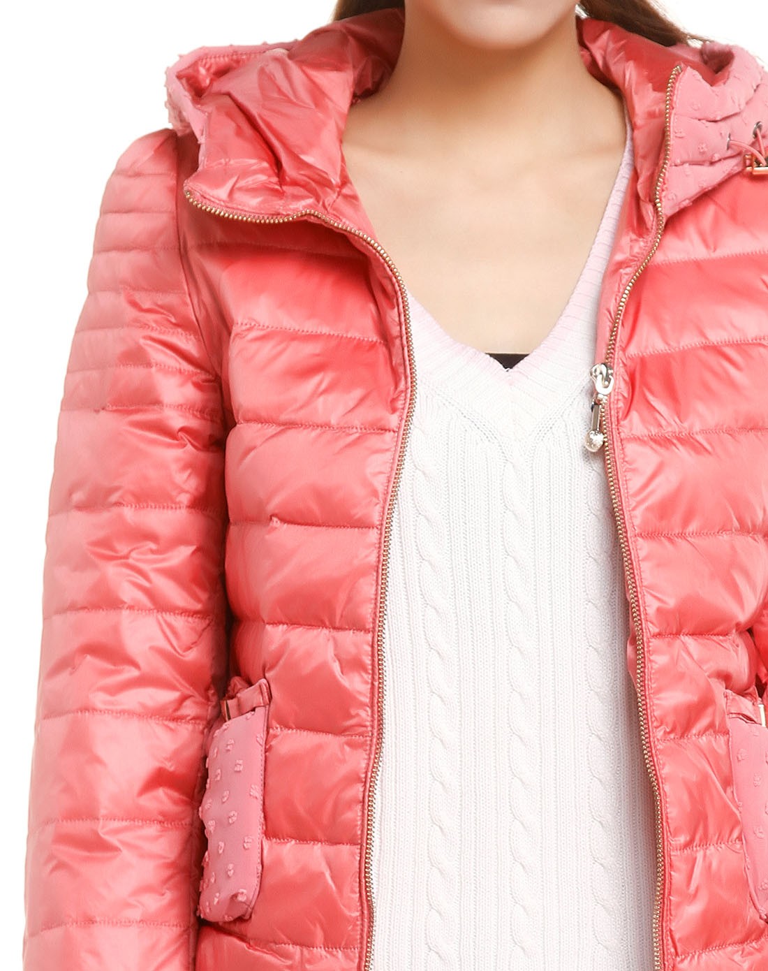 上羽女款暗粉色时尚连帽长袖羽绒服