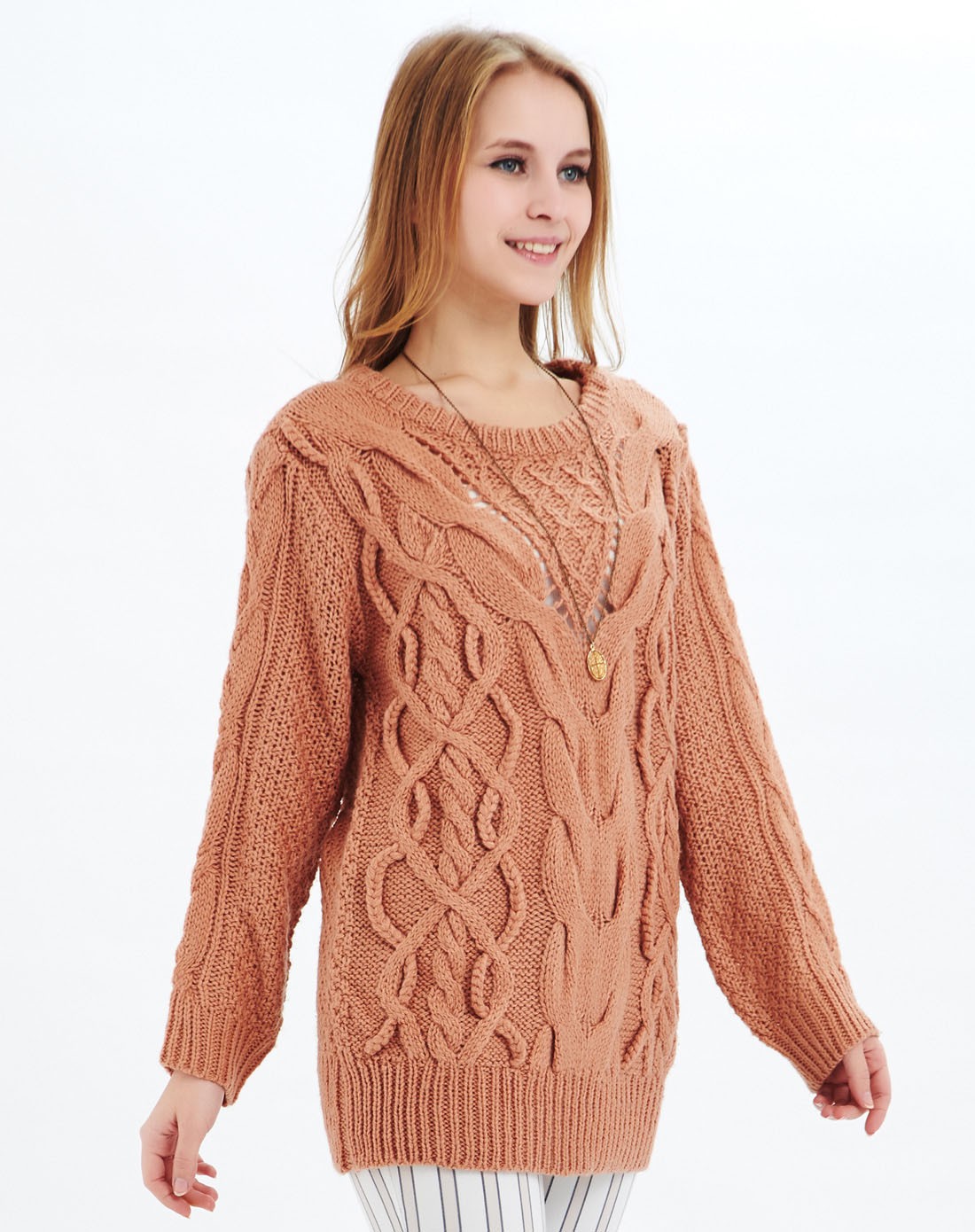 驼粉色时尚优雅长袖针织衫