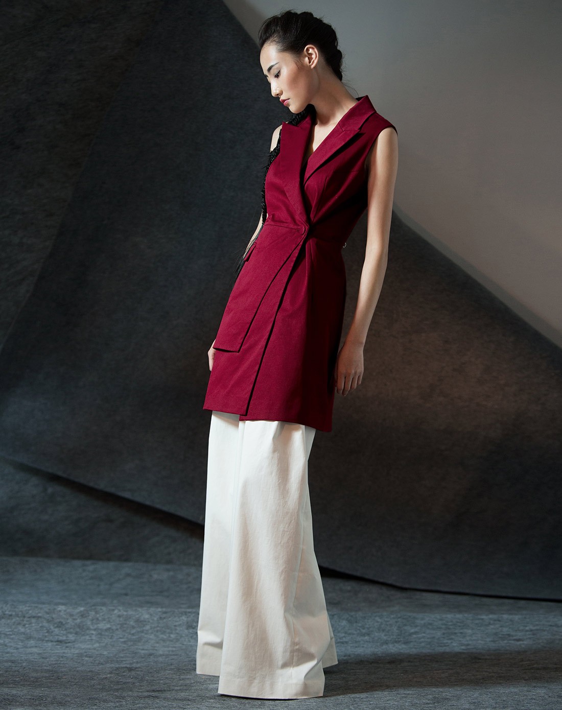 茵曼inman红色时尚大牌简约长款马夹8430710876144_唯品会