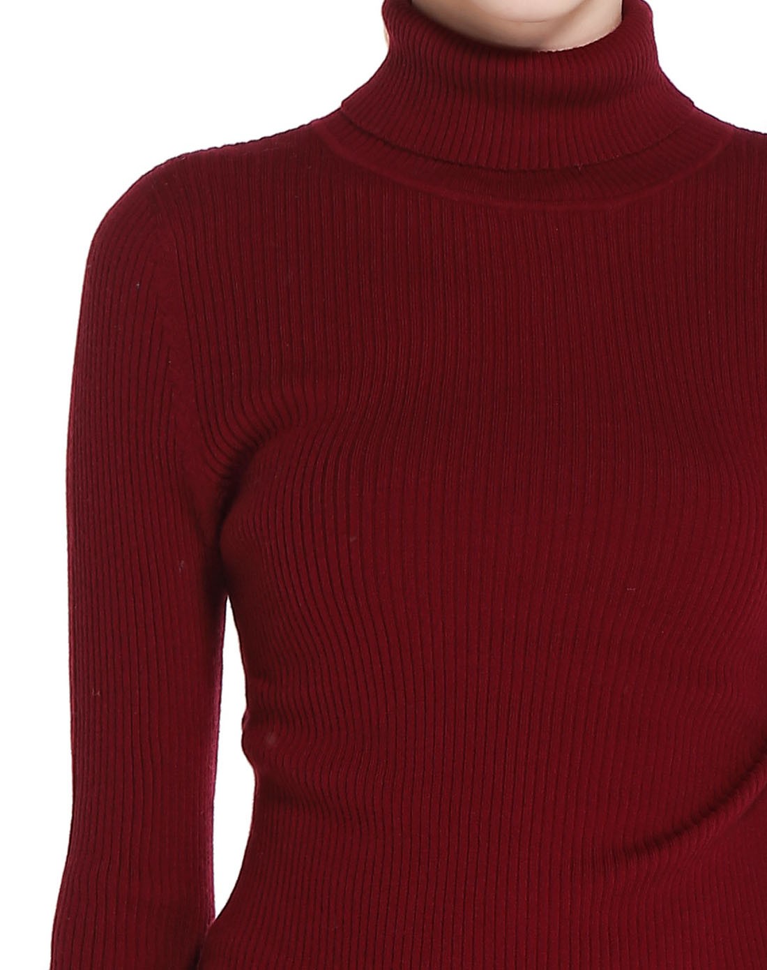 女款深酒红色修身长袖100%山羊绒衫