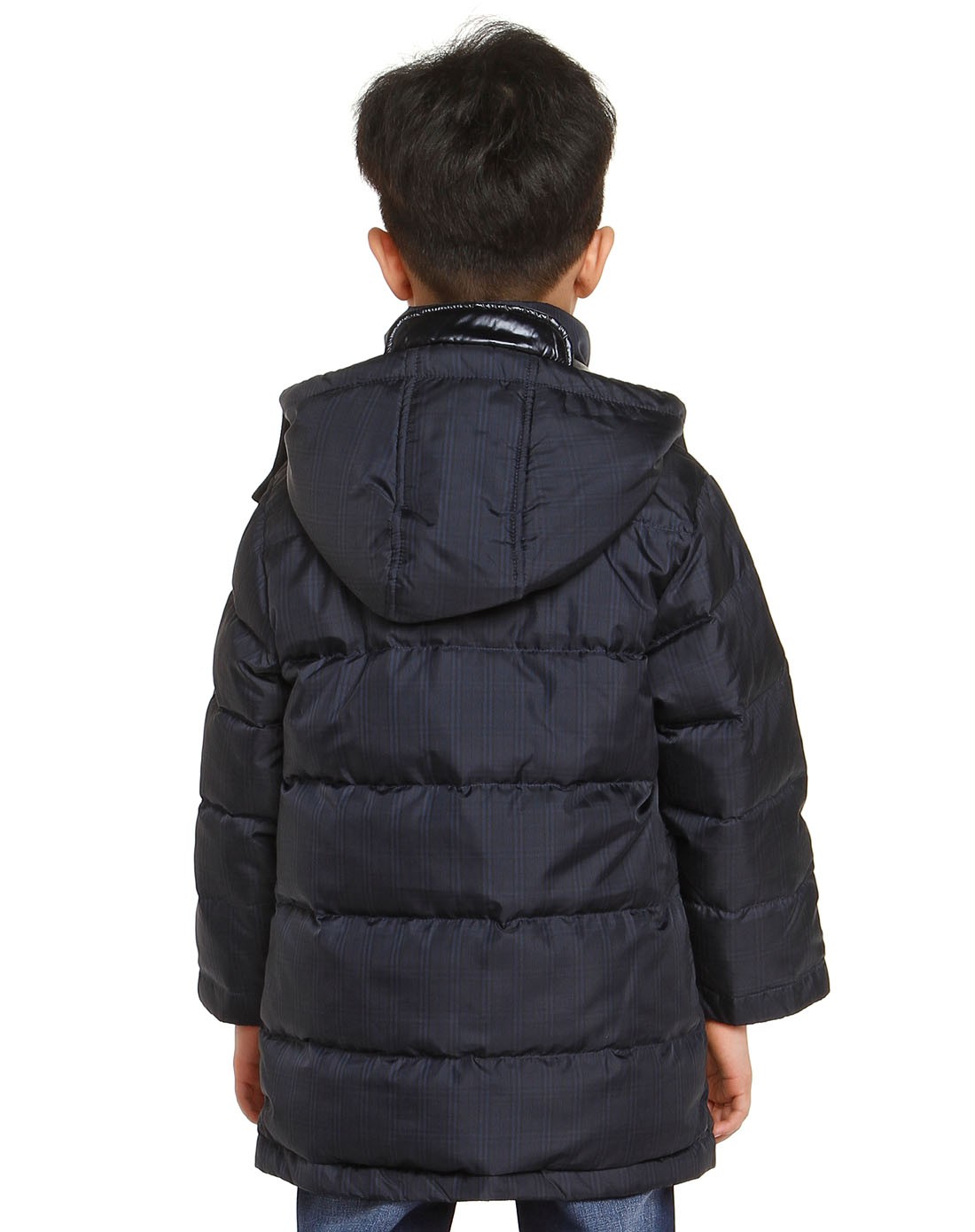 朋库一代 男童宝蓝色织格长款长袖羽绒服