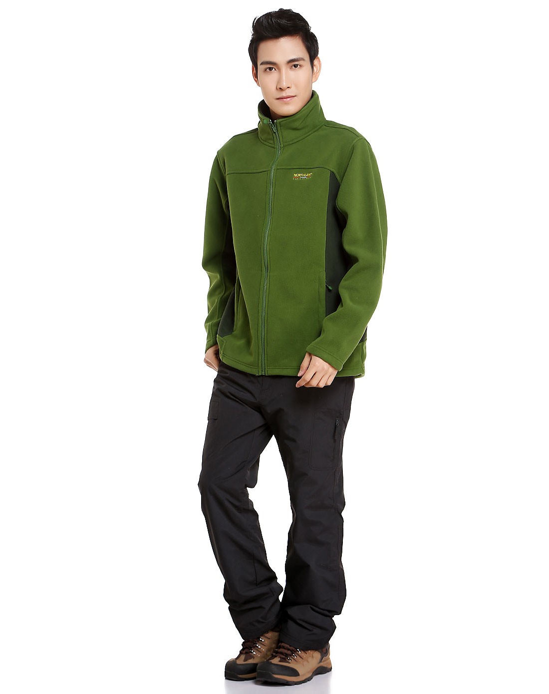 男款绿色长袖抓绒外套 拼接保暖