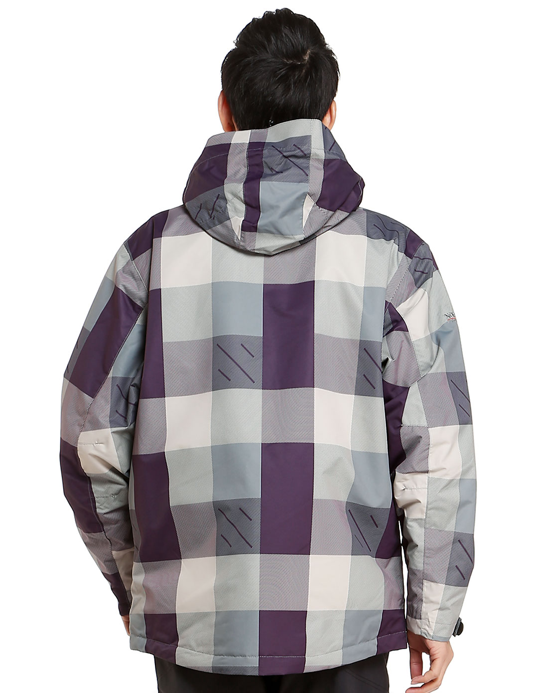 男款紫灰色连帽长袖外套 个性格子斜纹
