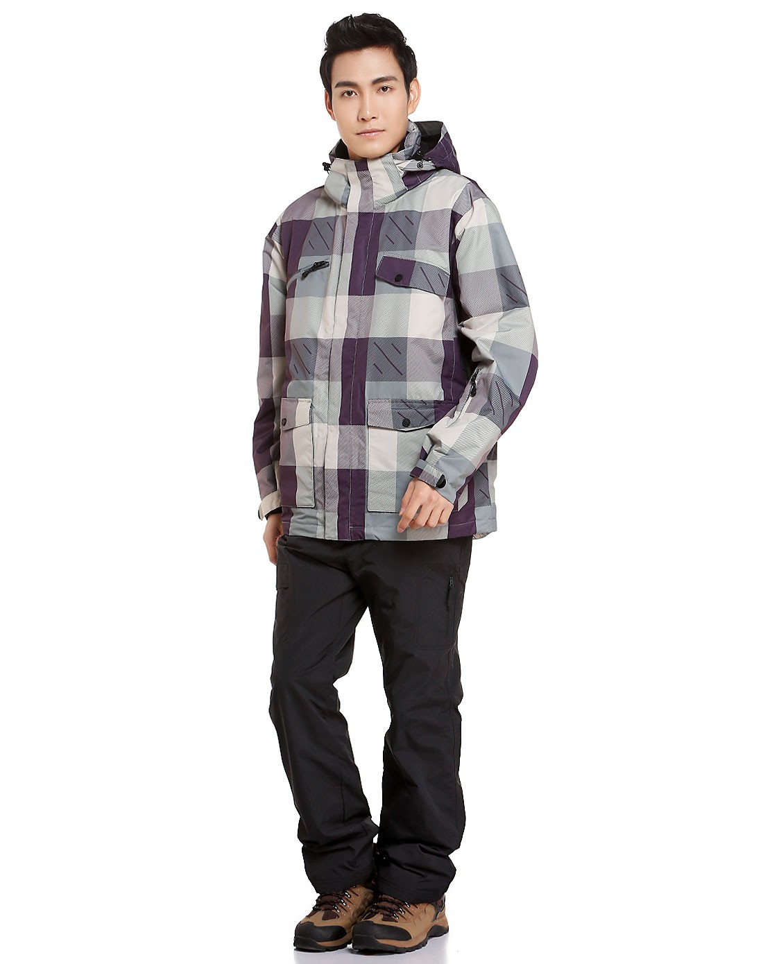 男款紫灰色连帽长袖外套 个性格子斜纹