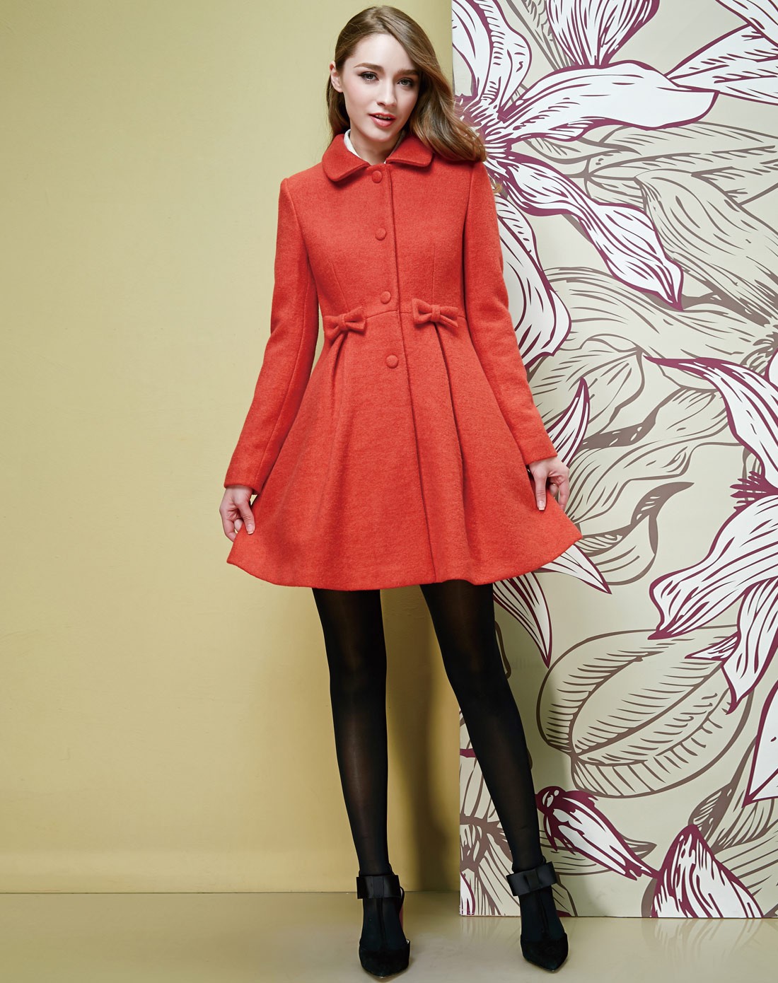 西洋红蝴蝶结设计甜美毛呢大衣