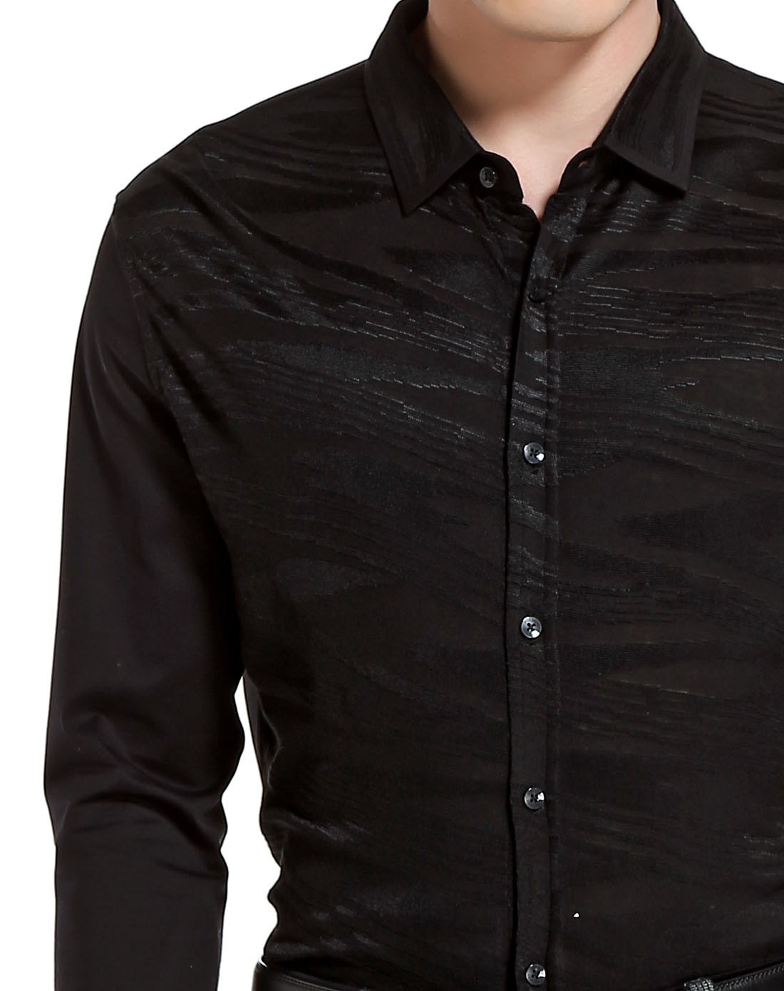 黑色暗纹提花长袖针织衬衫