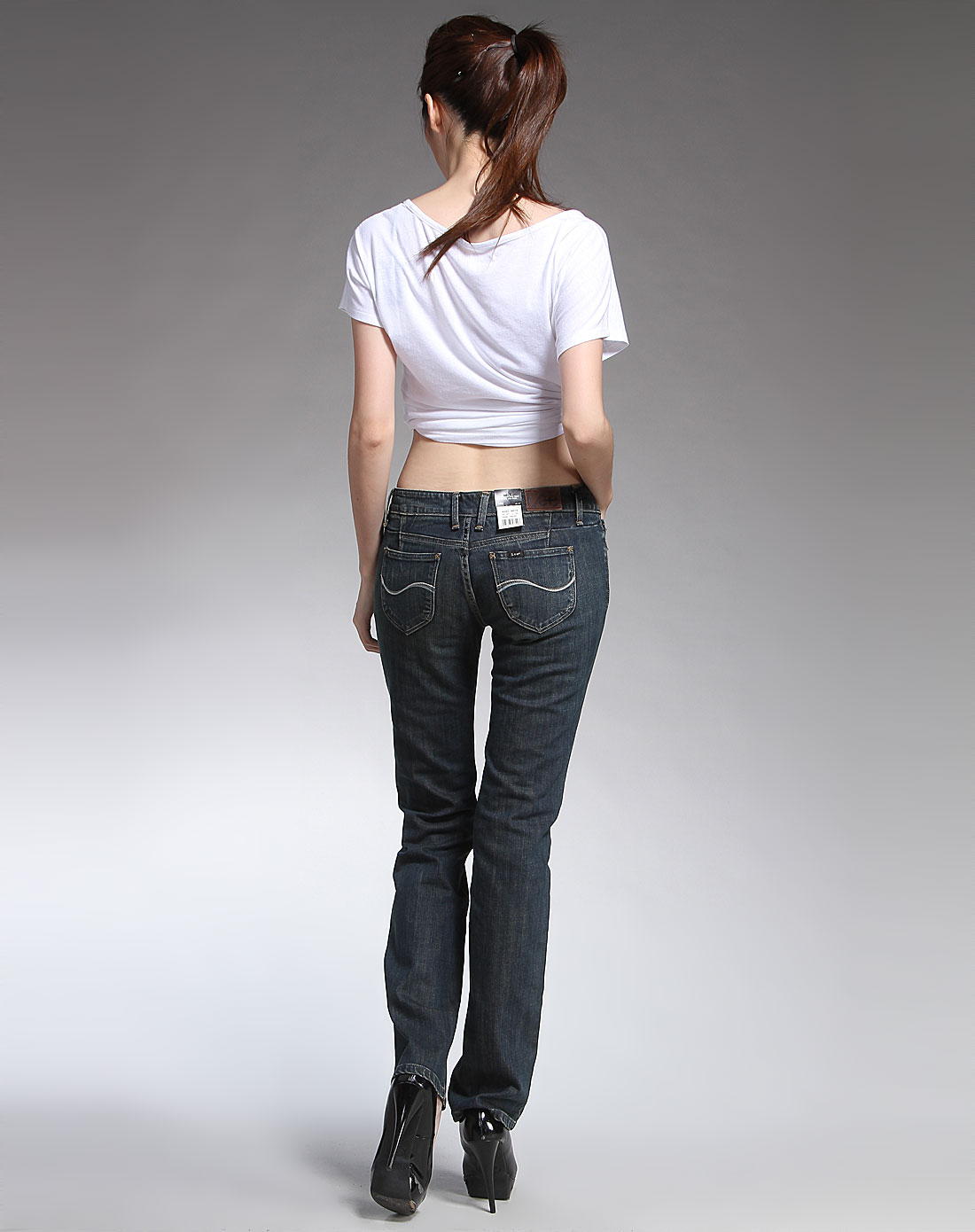 灰蓝色休闲低腰牛仔长裤