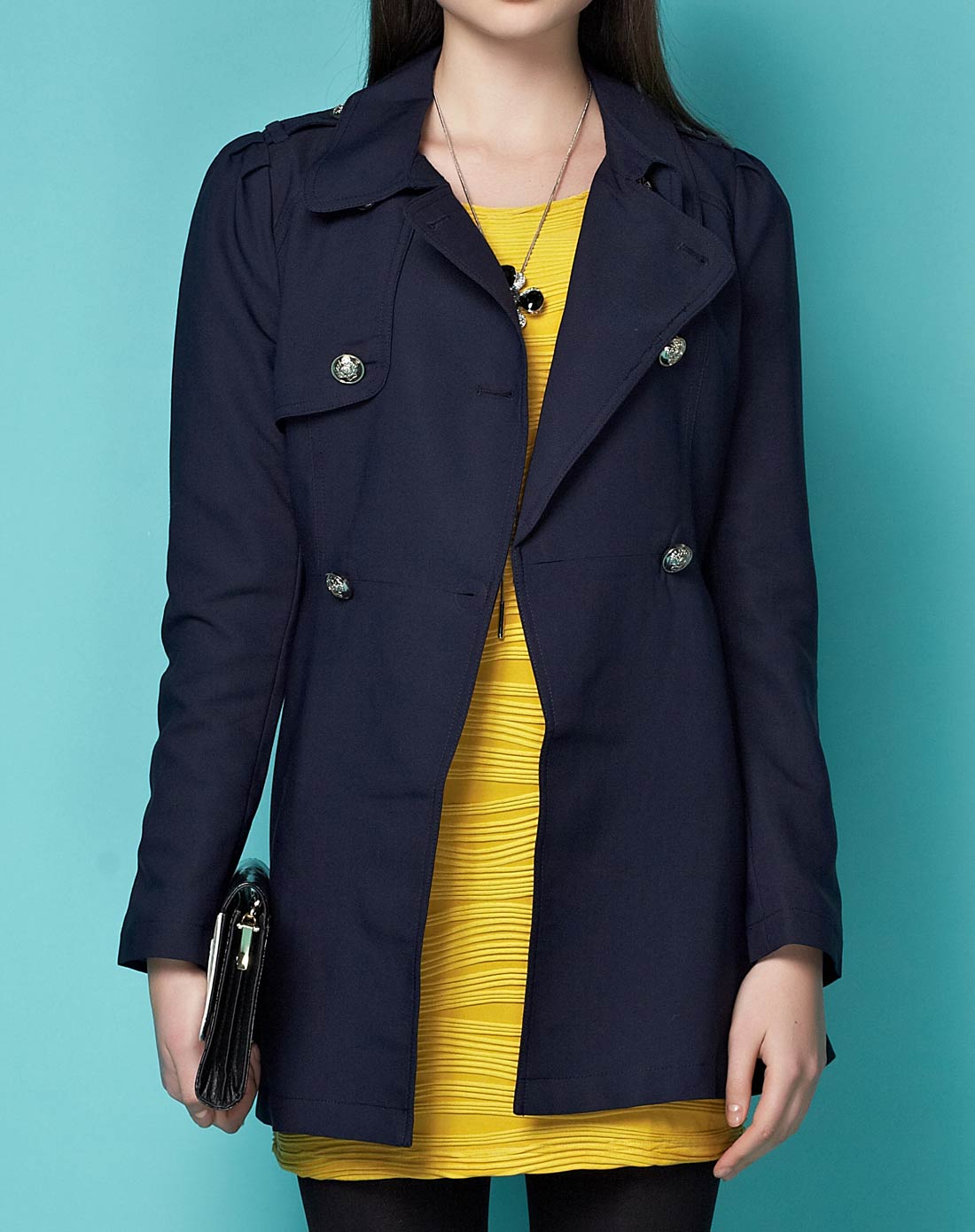 深蓝色欧美风双排扣长袖长款风衣