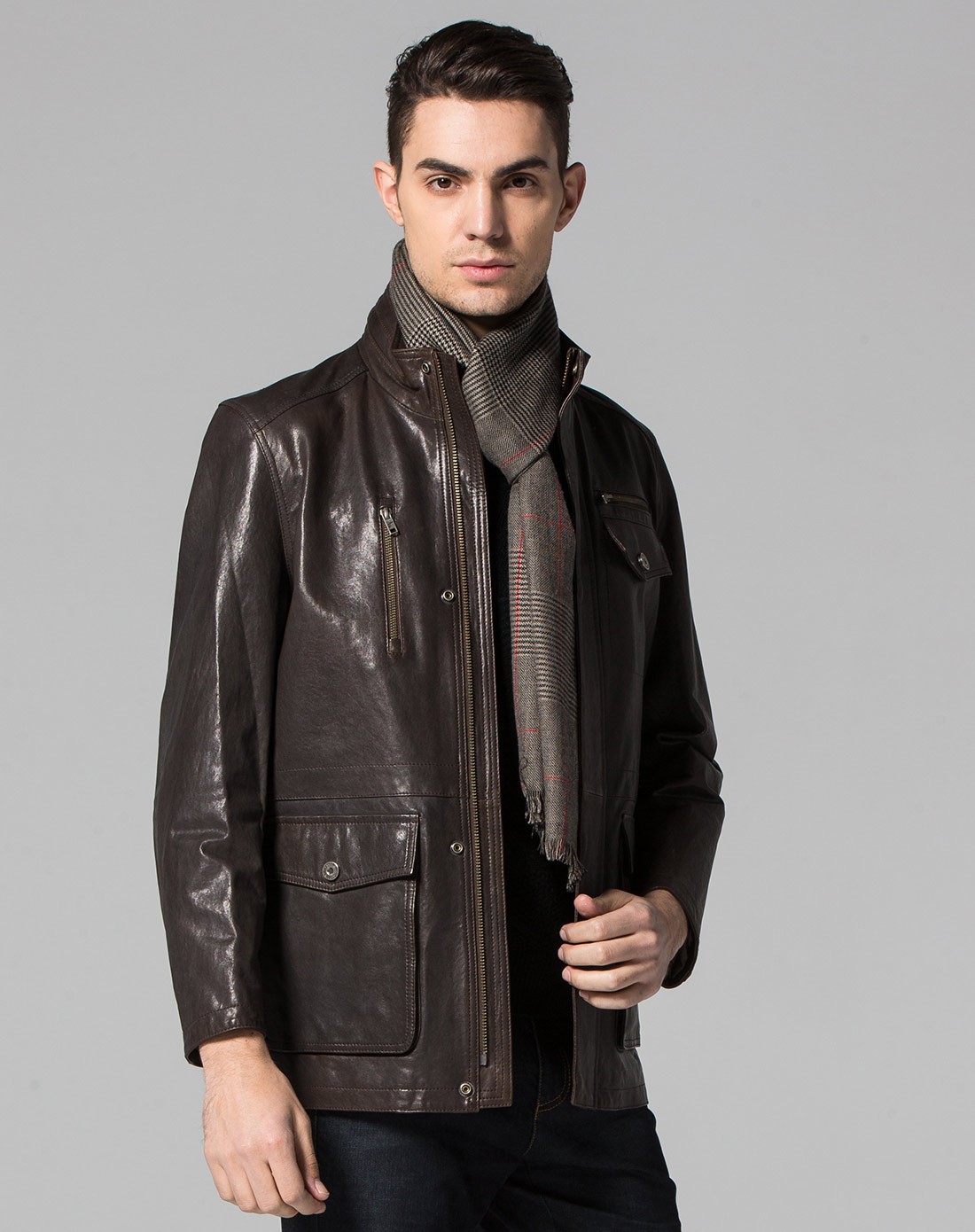 carta di riso男装专场 > 经典稳重深咖色真皮皮衣