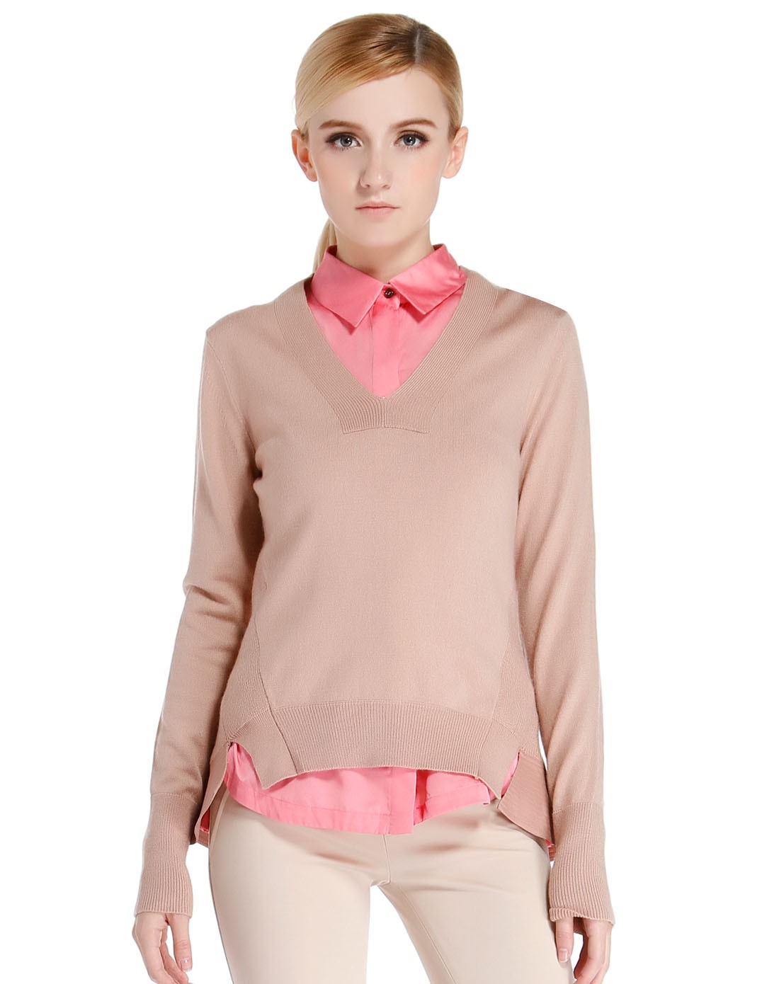 驼/粉色简约两件套长袖针织衫