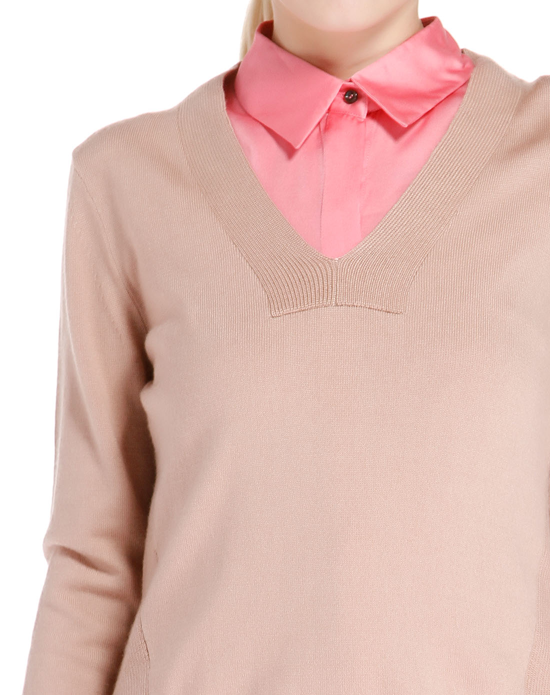 驼/粉色简约两件套长袖针织衫