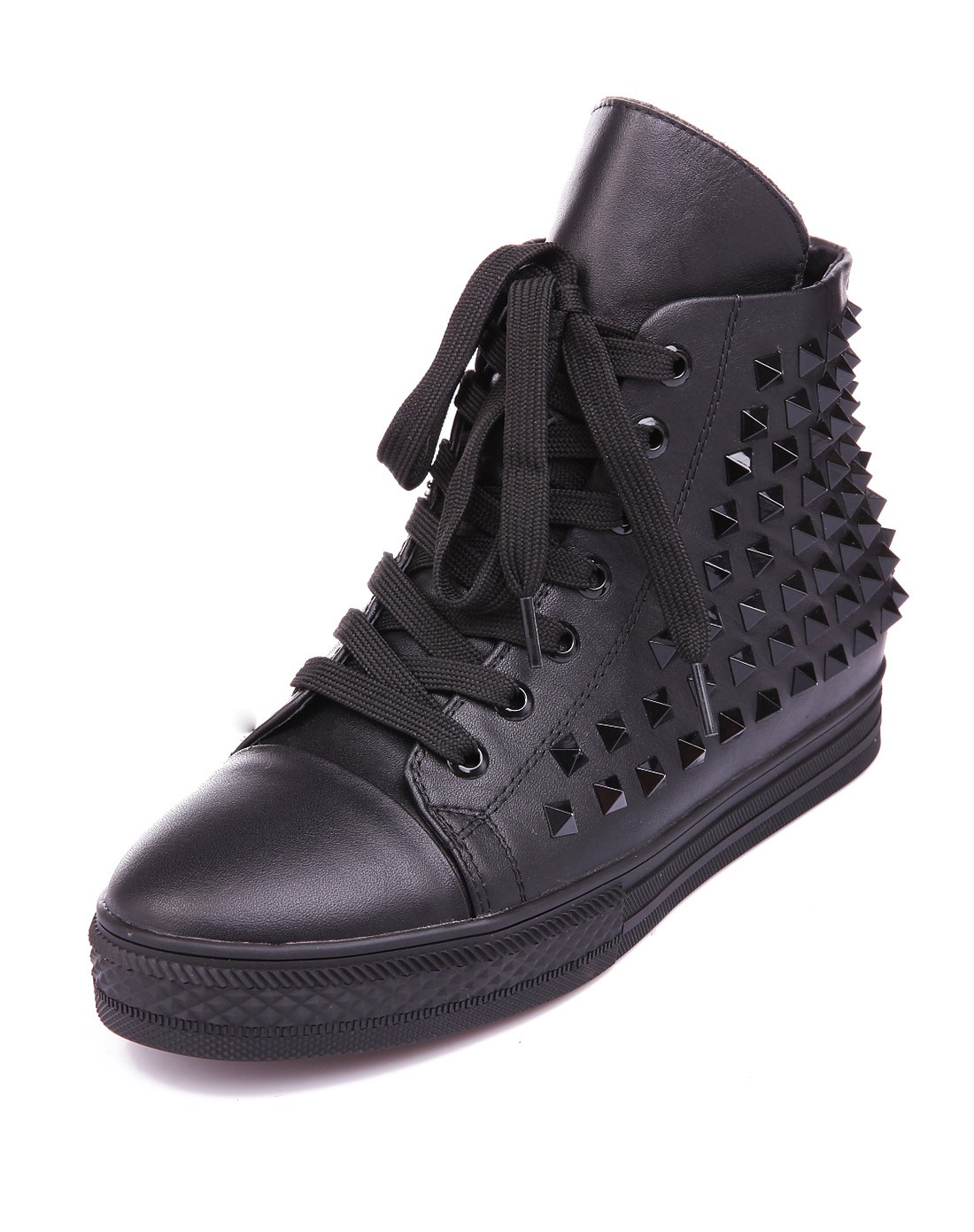 黑色柳丁牛皮休闲系带高帮鞋