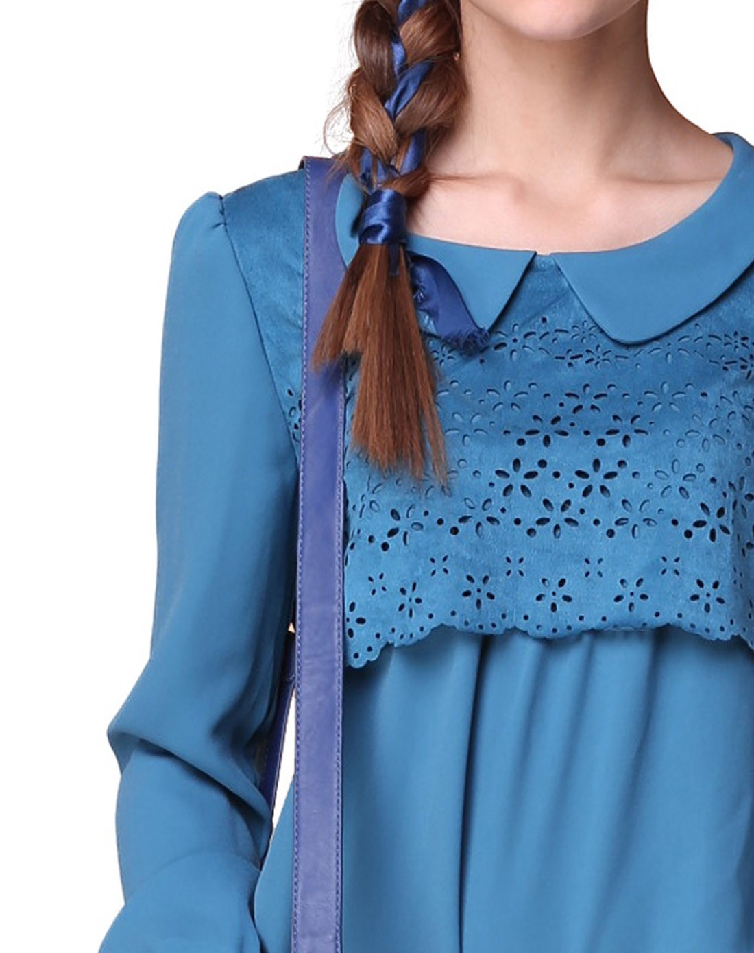 浅湖蓝色淑女拼接气质长袖上衣