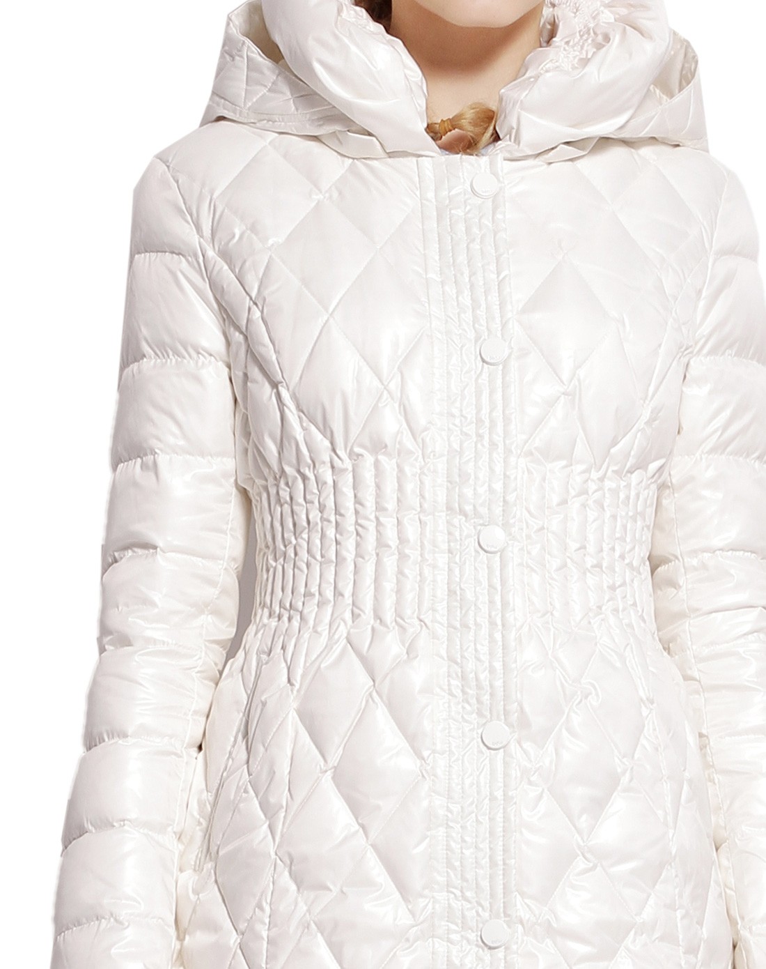 浅米白色连帽长款长袖羽绒服