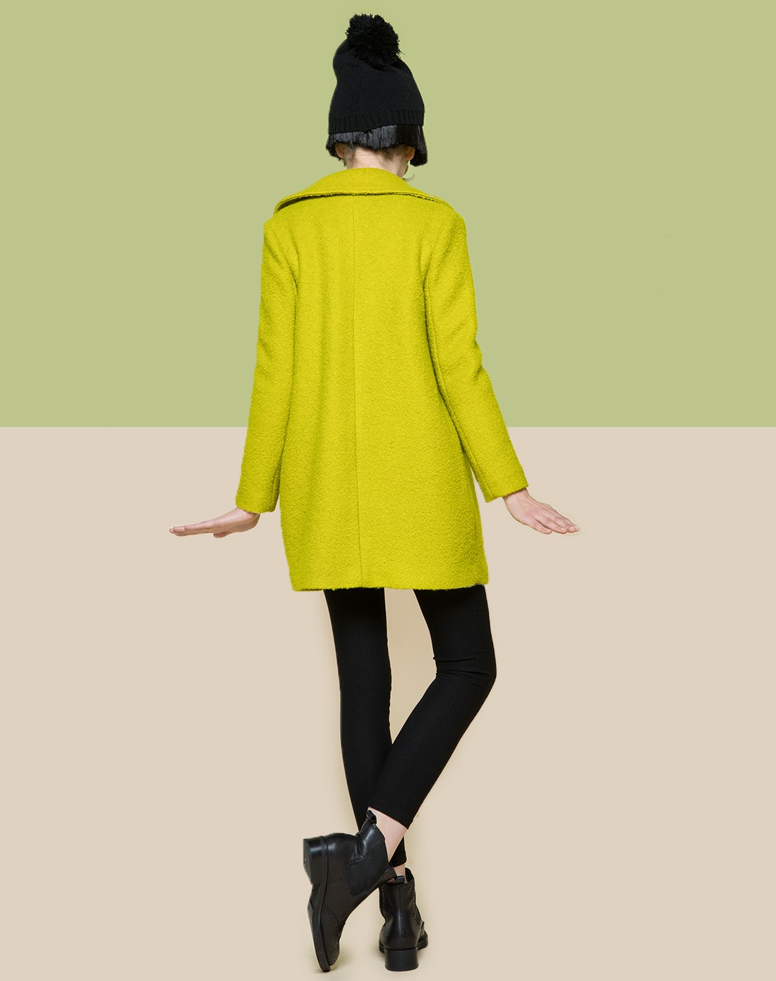 纯色双排扣羊毛呢外套芥末绿