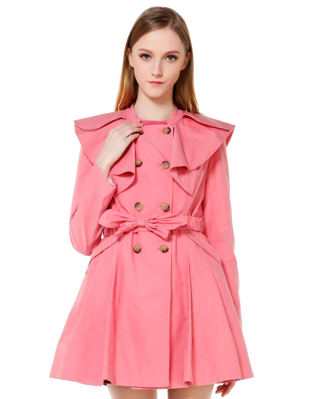 恩曼琳粉色双排扣淑女时尚长袖风衣