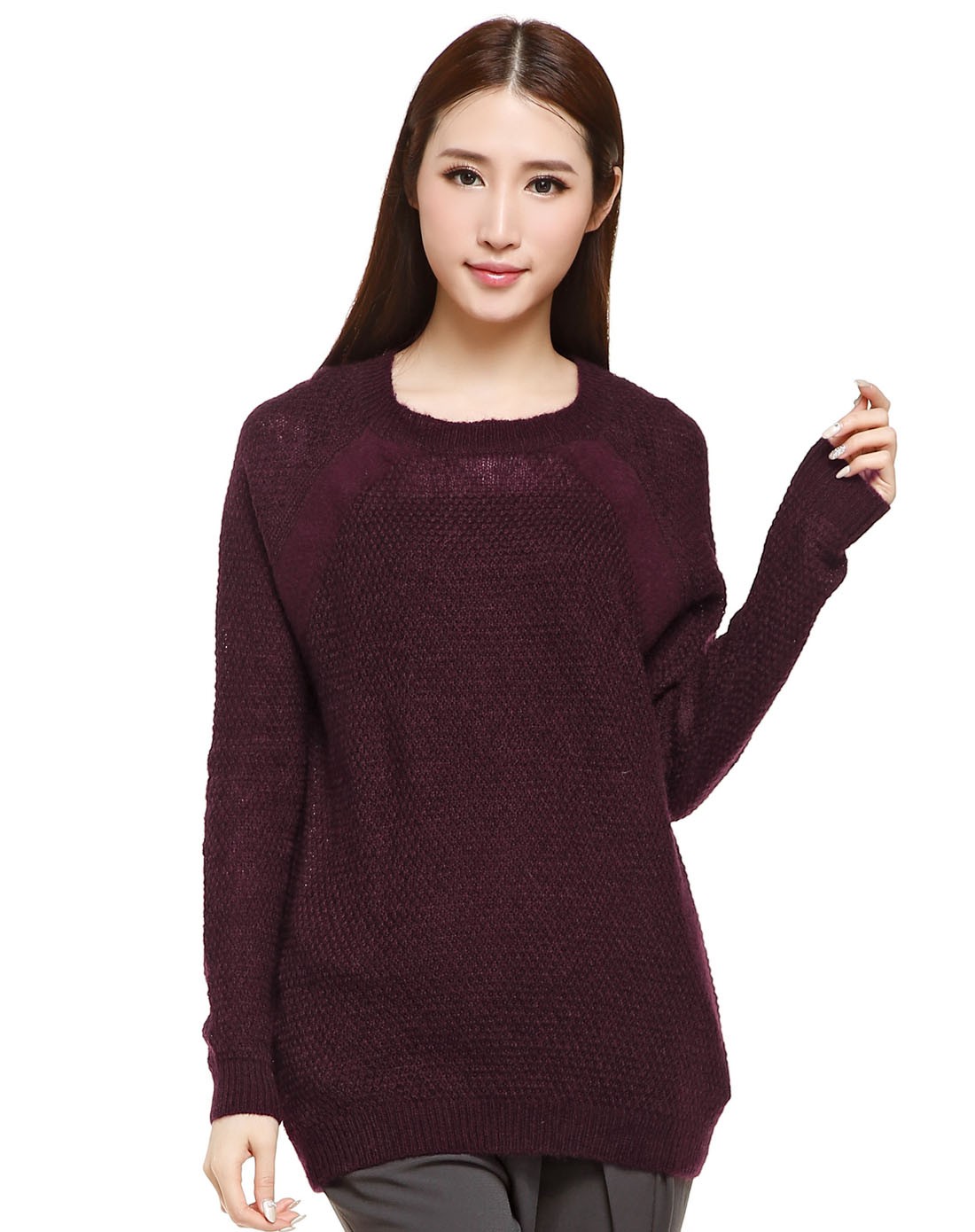 深紫红色休闲舒适长袖针织衫