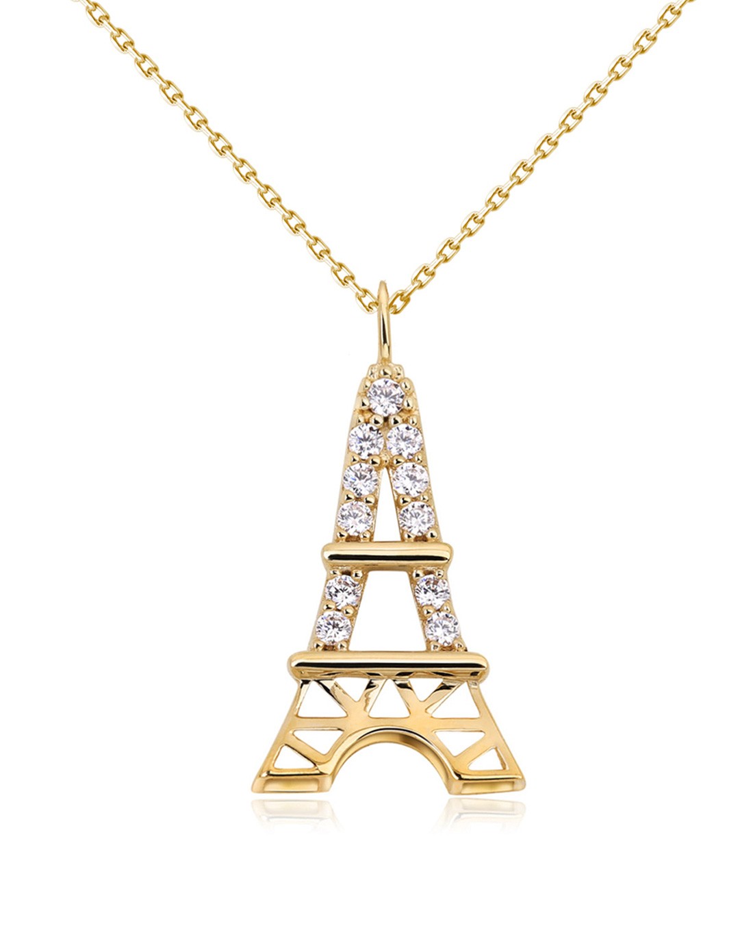 14k纯黄金镶嵌施华洛世奇宝石埃菲尔铁塔吊坠赠s925银链