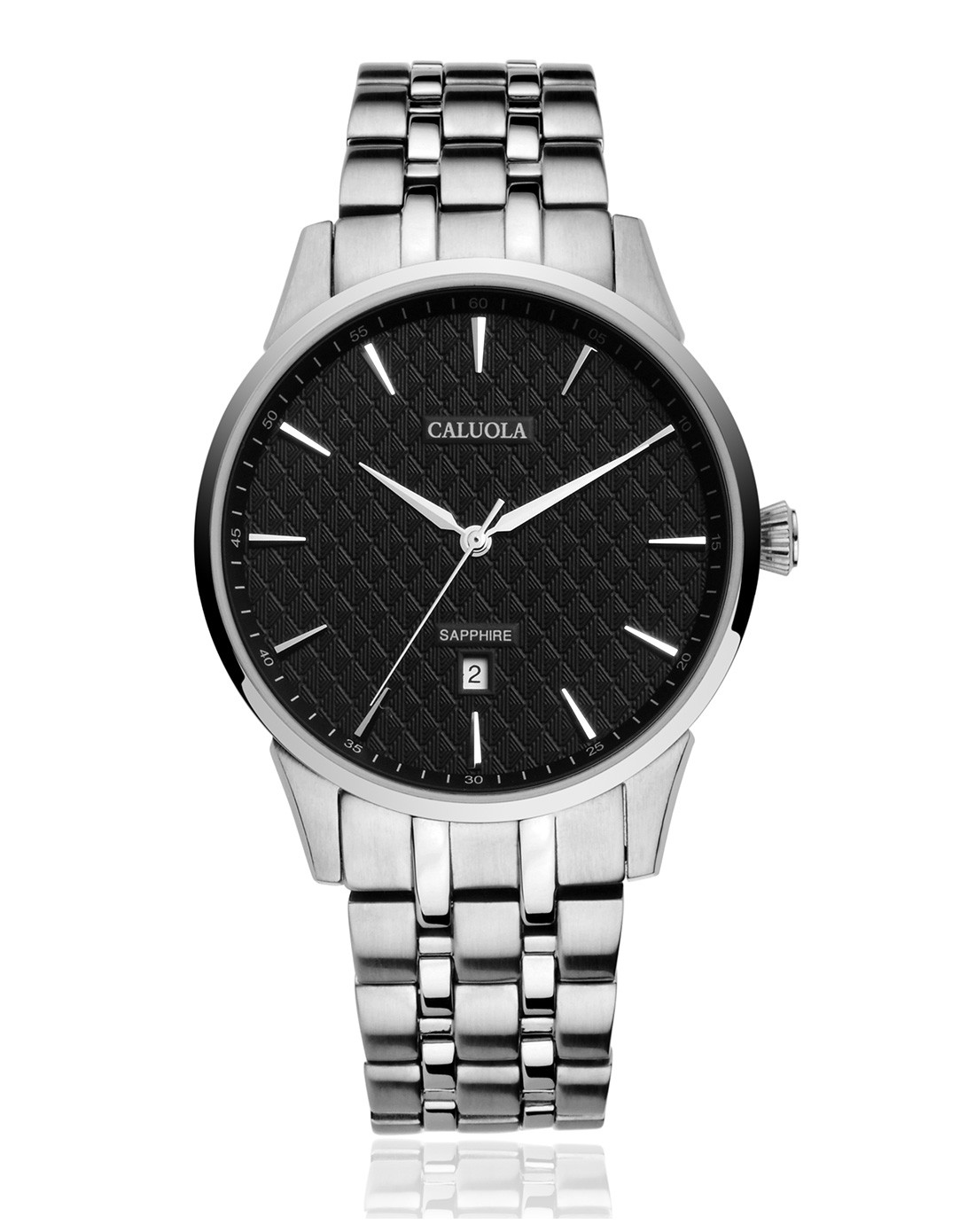 男款银壳黑面简约休闲精钢带单日历石英男表