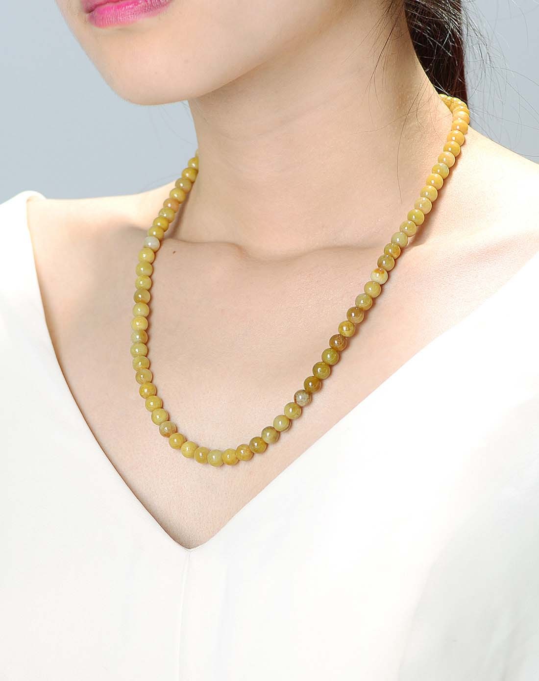 a货翡翠糯种黄翡珠圆玉润项链6mm